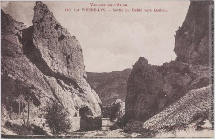 Vallée de l'Aude 140 -La Pierre-Lys -sortie du défilé vers Quillan -Toulouse -phototypie Labouche frères, marque LF au verso 1918-1937-CPA p1