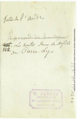 Vallée de l'Aude 142 - La route dans le défilé de Pierre-Lys - photographie Henri Jansou 1874-1966 - Toulouse - maison Labouche frères, entre 1900 et 1940 - Photographie p2 verso