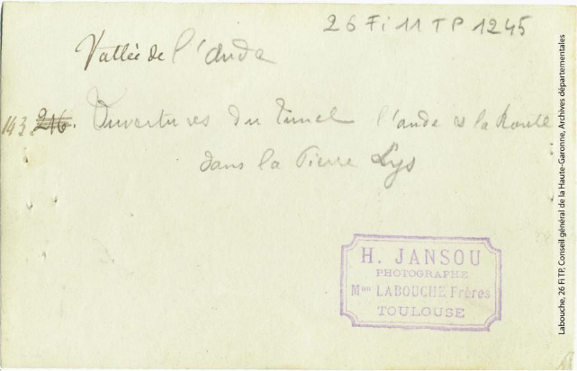 Vallée de l'Aude 143 - Ouvertures du tunnel, l'Aude et la route dans la Pierre-Lys -photo Henri Jansou 1874-1966 -Toulouse -maison Labouche frères 1900-1940 p2 verso