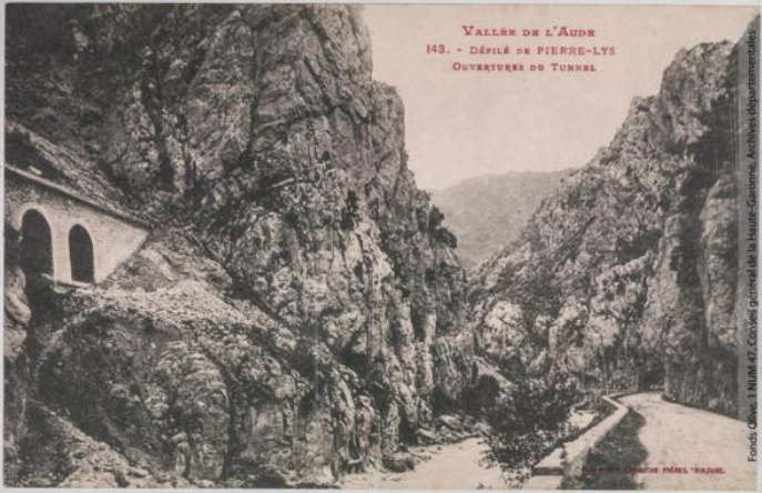Vallée de l'Aude 143 -Défilé de Pierre-Lys -ouvertures du tunnel -Toulouse -phototypie Labouche frères, marque LF au verso 1911-1925 -CPA p1