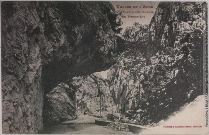 Vallée de l'Aude 16 -Sortie des gorges de Pierre-Lys -photographie Amédée Trantoul 1837-1910 -Toulouse -phototypie Labouche frères, marque LF au verso 1904-1925] -CPA p1