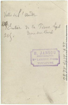 Vallée de l'Aude 215 - Entrée de la Pierre-Lys - trou du Curé - photographie Henri Jansou 1874-1966 - Toulouse - maison Labouche frères, entre 1900 et 1940 - Photographie p2 verso