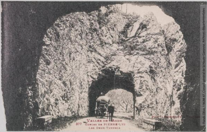 Vallée de l'Aude 377 -Gorges de Pierre-Lys -les deux tunnels -Toulouse -phototypie Labouche frères, marque LF au verso 1918-1937 -CPA p1