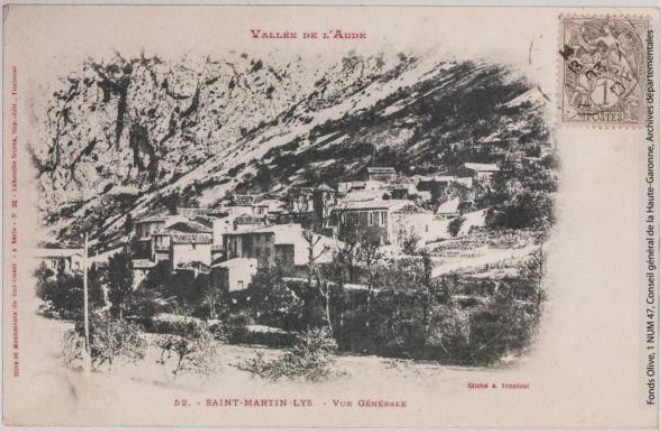Vallée de l'Aude 52 -Saint-Martin-Lys -vue générale -photographie Amédée Trantoul 1867-1910 -Toulouse -Labouche frères , 1900 et 1904 -Carte postale Sites et monuments du Sud-Ouest, 4e série p1