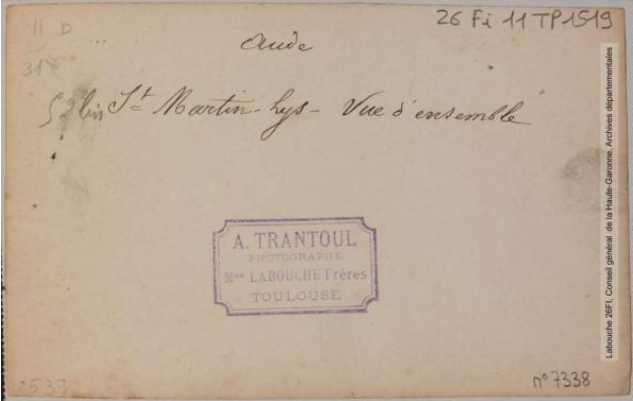 Vallée de l'Aude 52 bis - Saint-Martin-Lys - vue d'ensemble -photo Amédée Trantoul 1837-1910 -Toulouse -maison Labouche frères 1900-1910 p2 verso