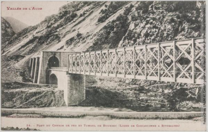 Vallée de l'Aude 54 -Pont du chemin de fer et tunnel de Bourrec ligne Carcassonne Rivesaltes -photo Amédée Trantoul 1837-1910 - phototypie Labouche frères, marque LF au verso 1904-1925 -CPA p1