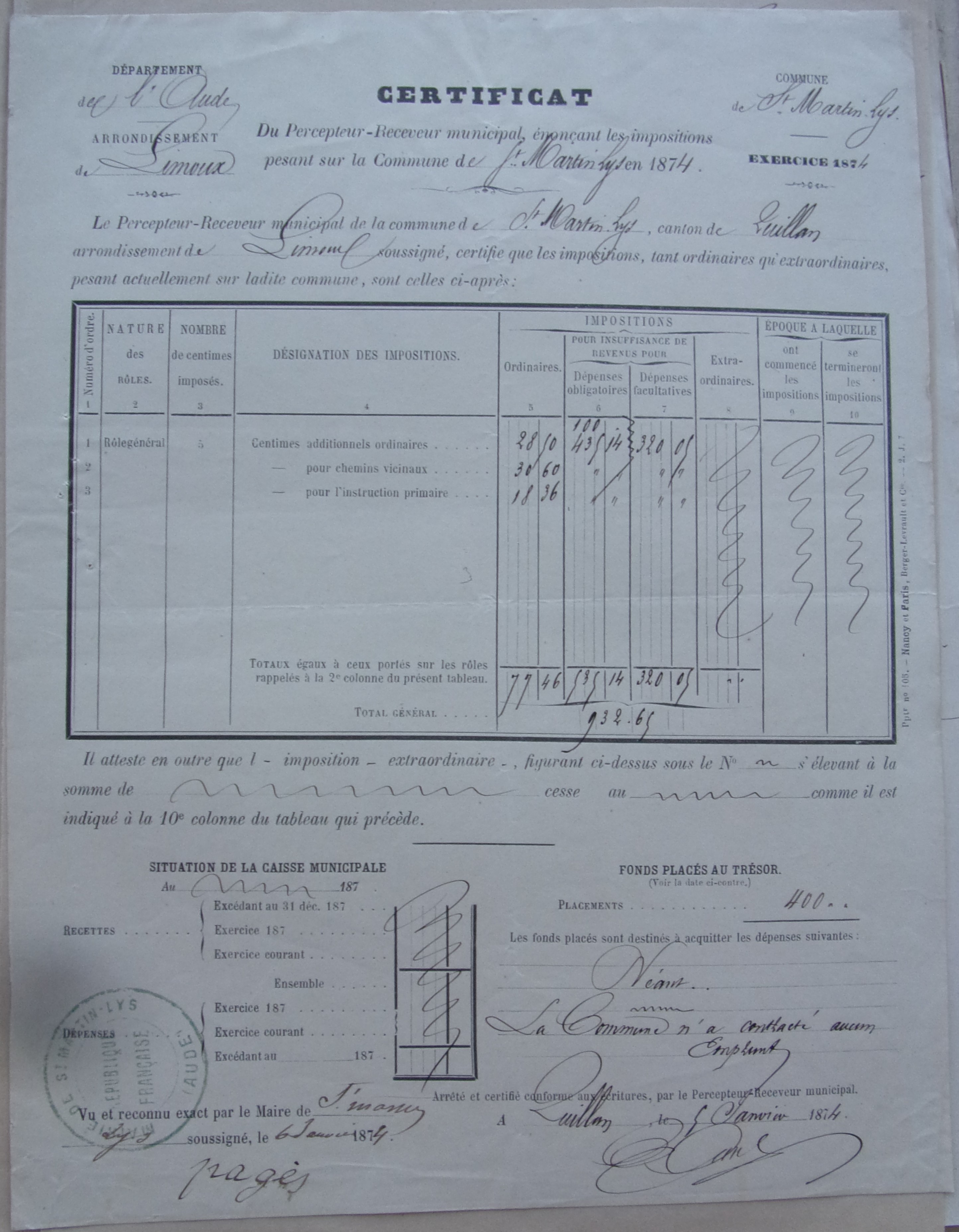 18740105 Certificat du percepteur-receveur municipal impositions 1874 p1