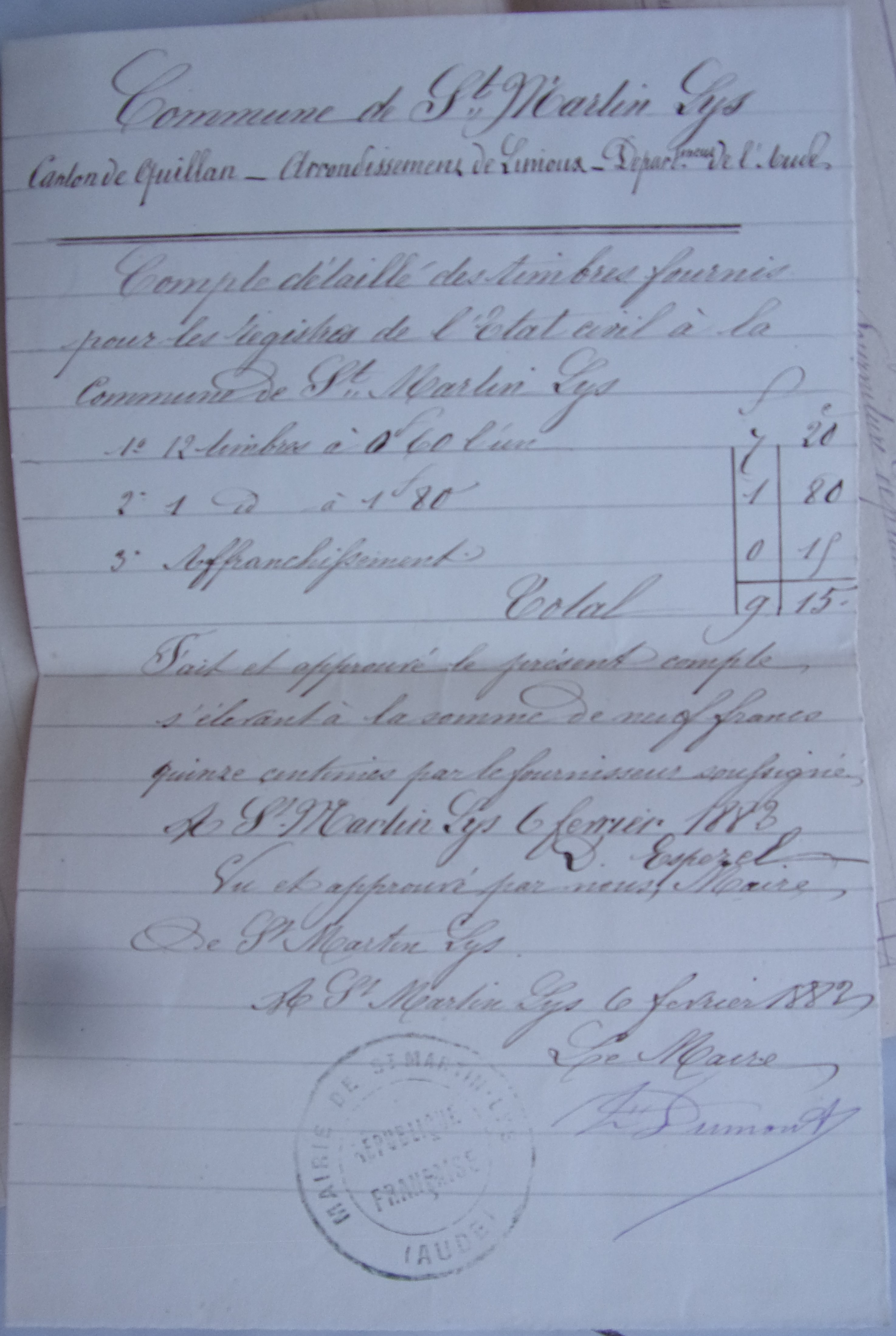 18820206 compte détaillé des timbres fournis pour les registres d'état civil p1