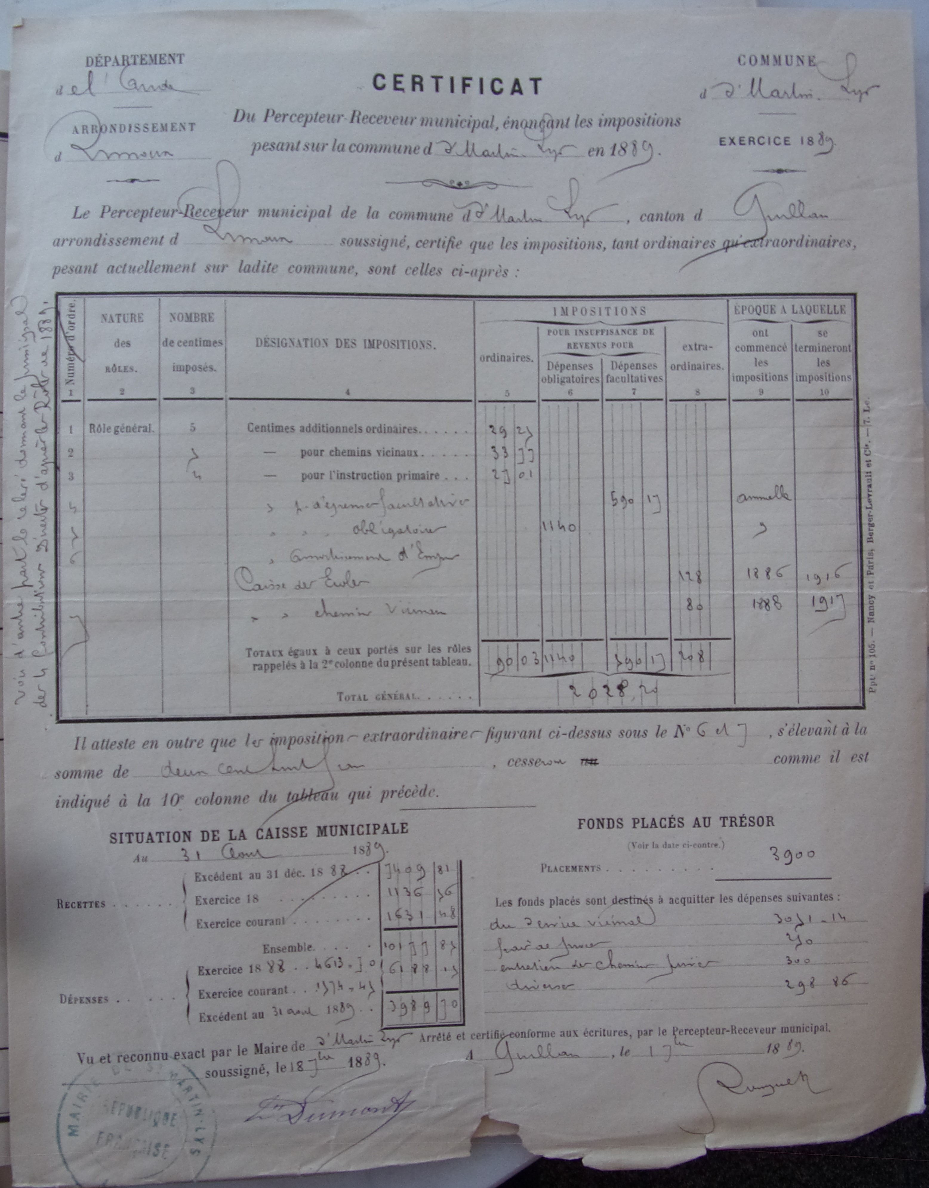 18890901 Certificat du percepteur Receveur Impositions
