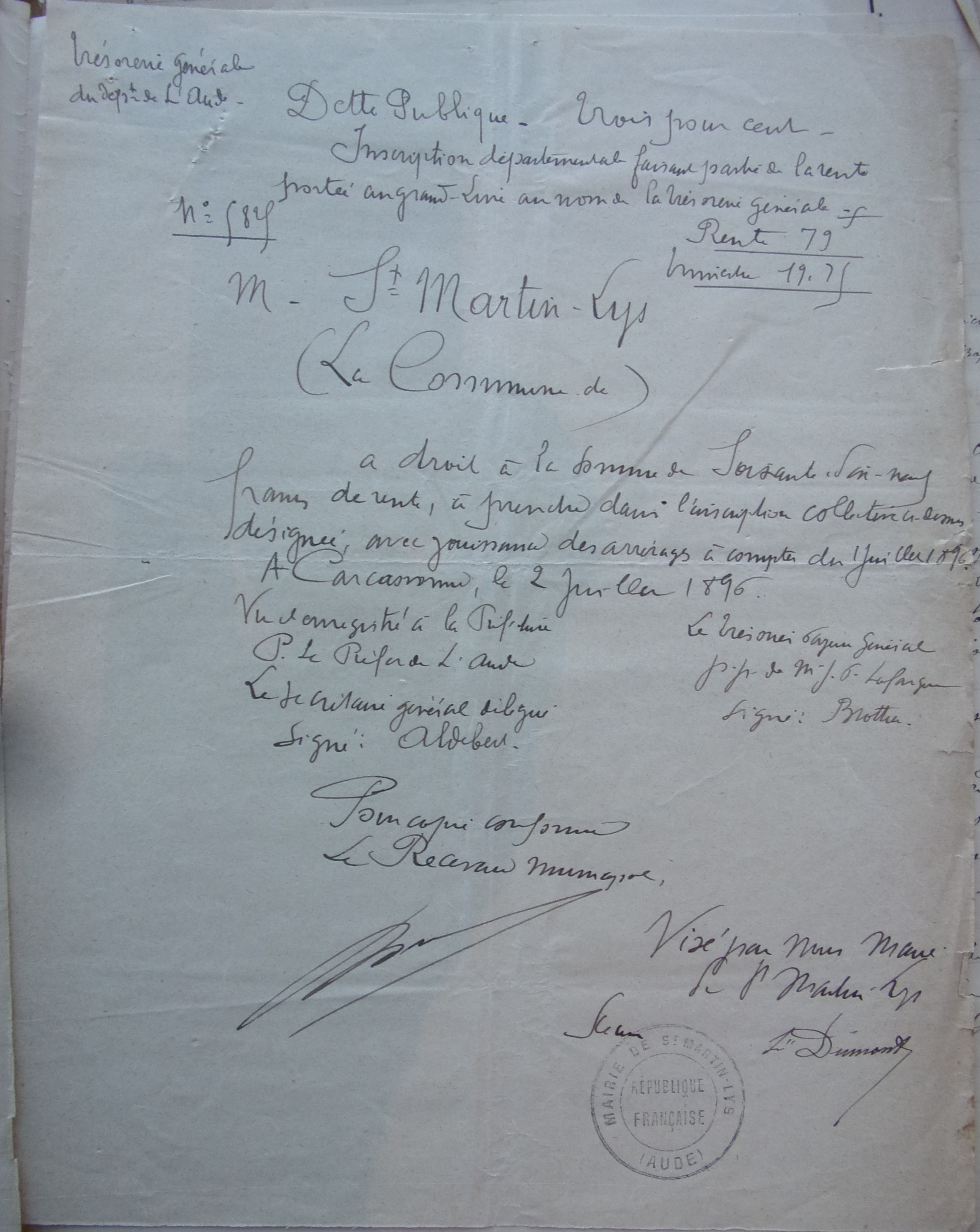 18960702 Achat à la trésorerie générale d'une rente 3%