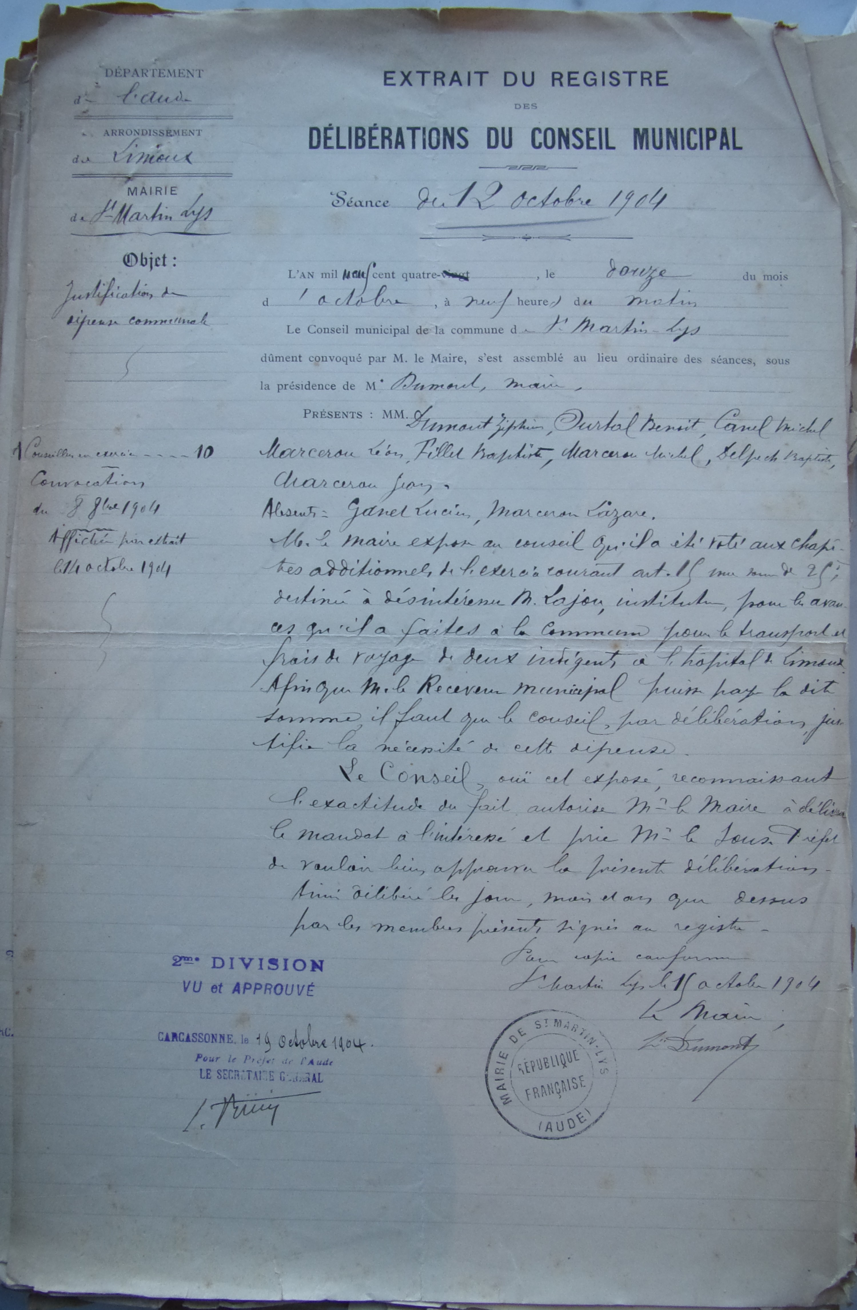 19041012 délibération conseil justification de dépenses communales (reboursement Lajou) p1