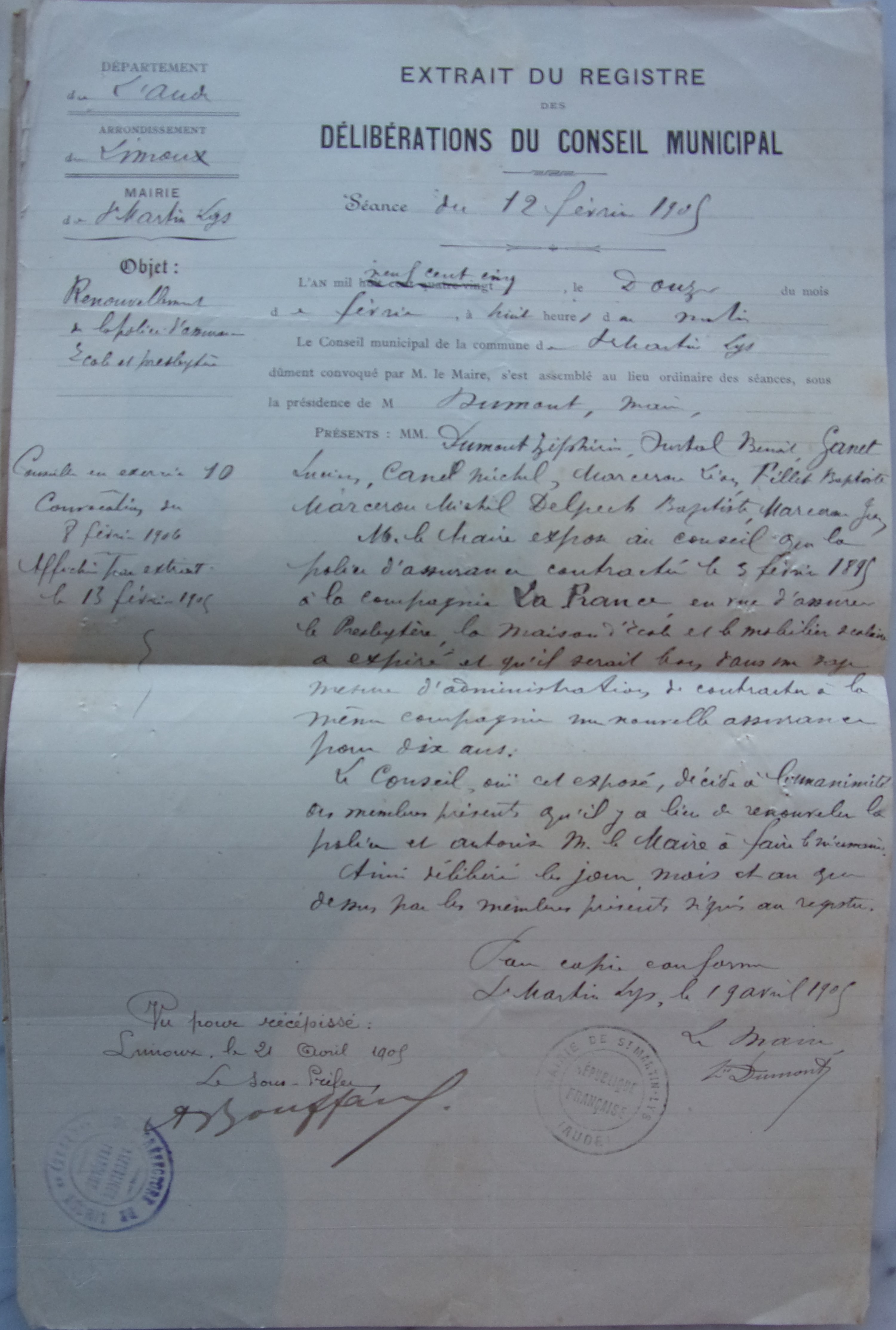 19050212 délibération conseil Renouvellement de la police d'assurance Ecole et presbytère p1