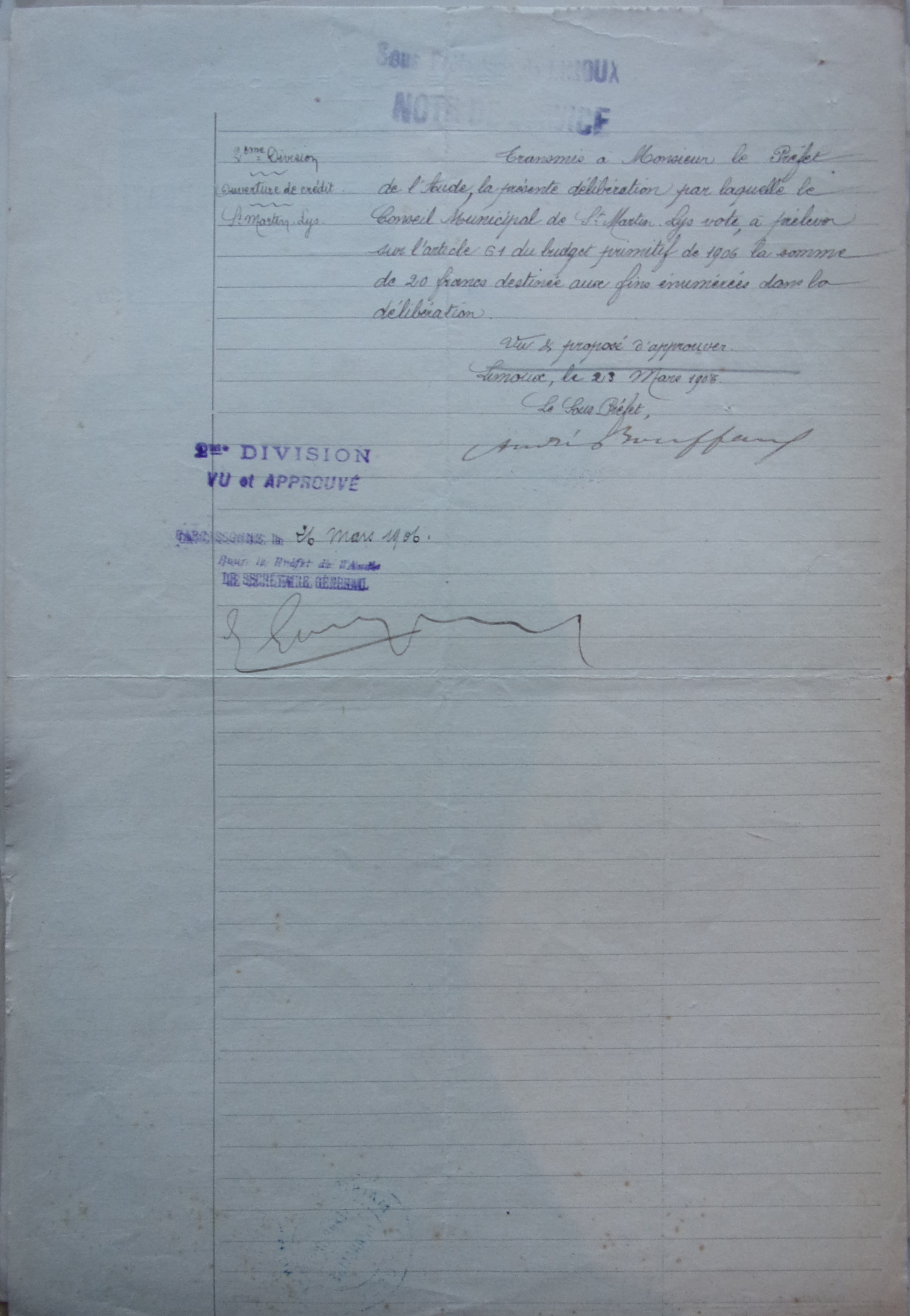 19060323 2° division à préfet Ouverture de crédit 20 F Courrières