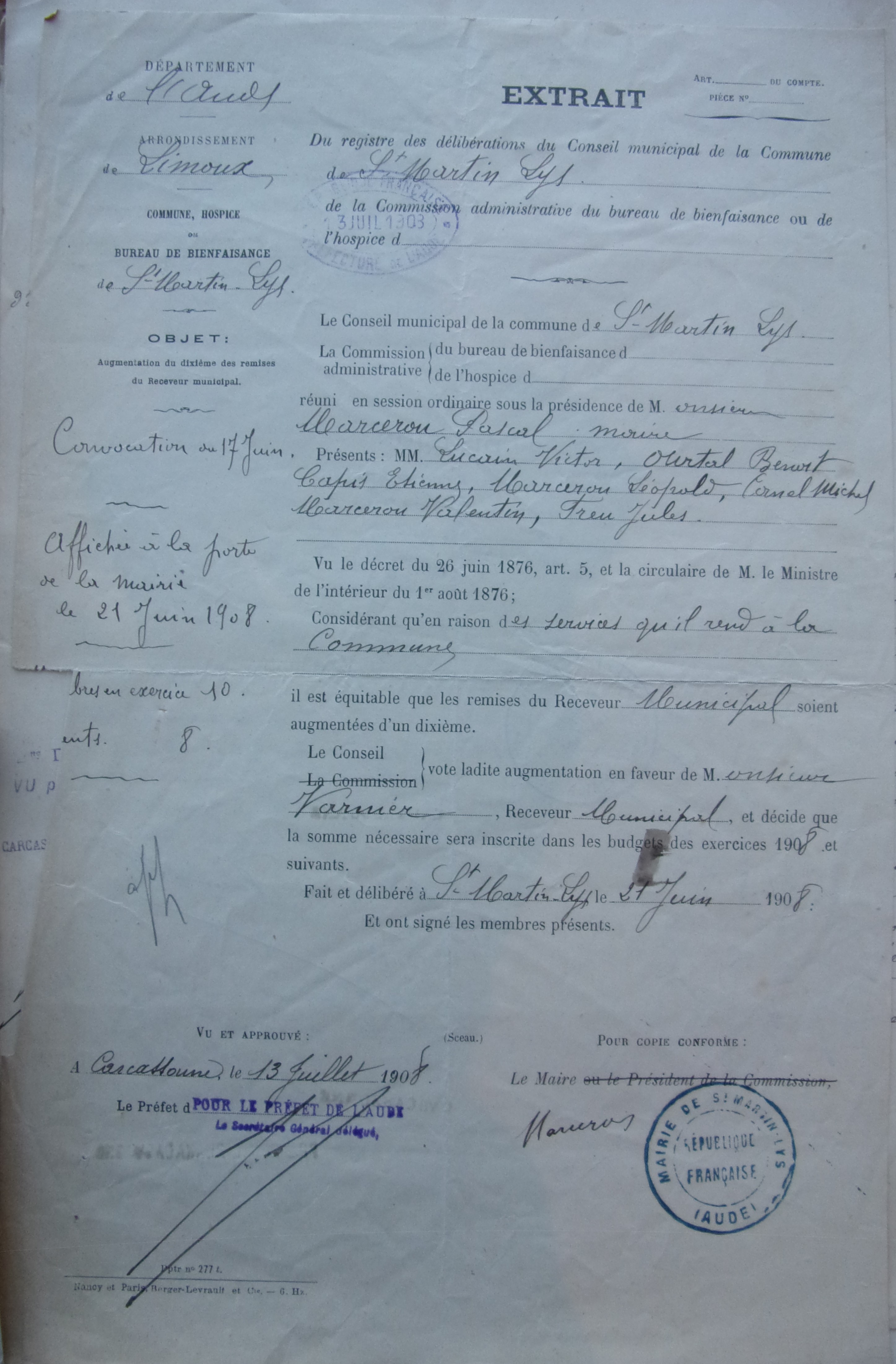 19080621 délibération conseil Augmentation du dixième des remises du Receveur municipal - convocation du 17 juin p1