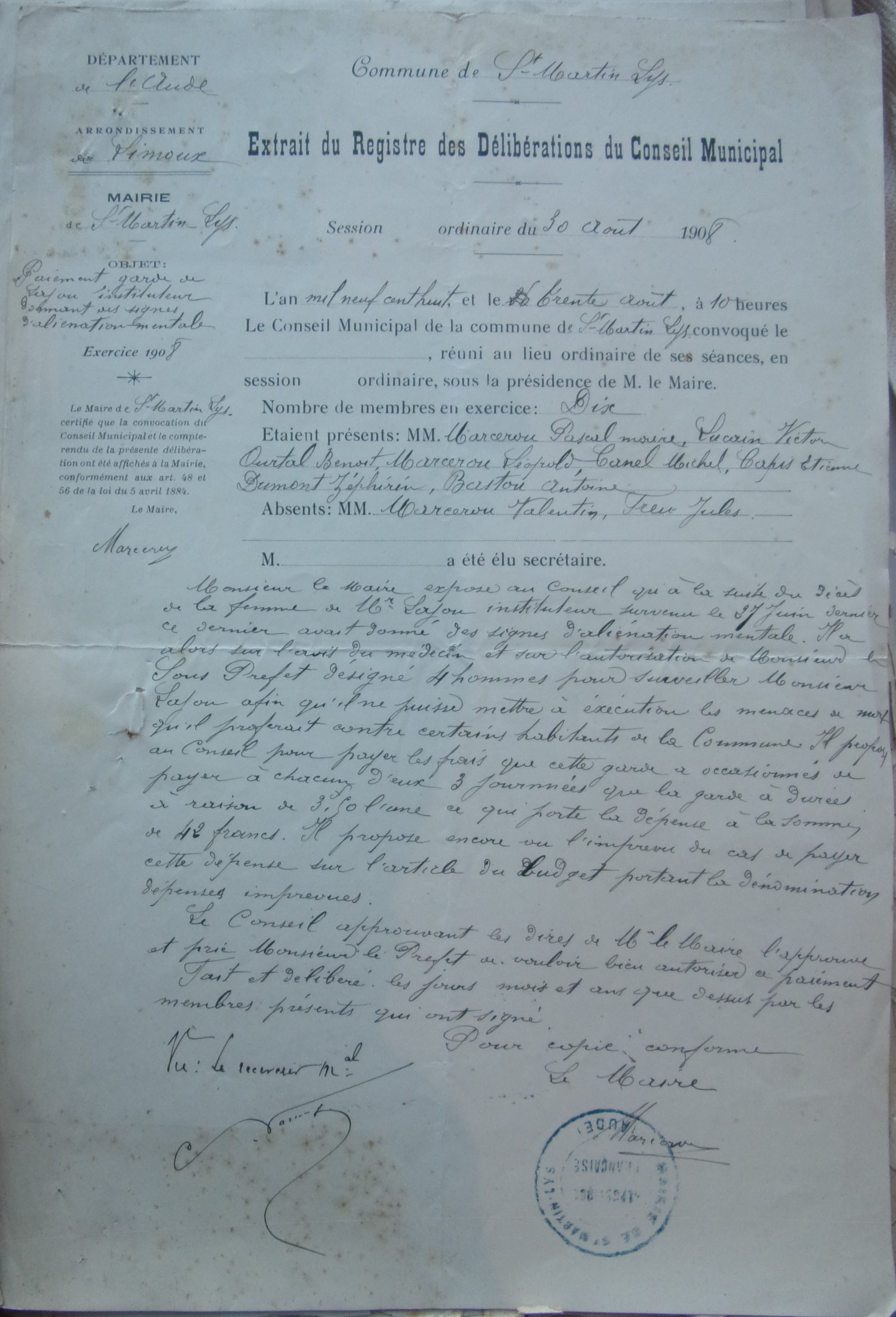 19080830 délibération conseil paiement garde de Lajou instituteur donnant des signes d'aliénation mentale p1