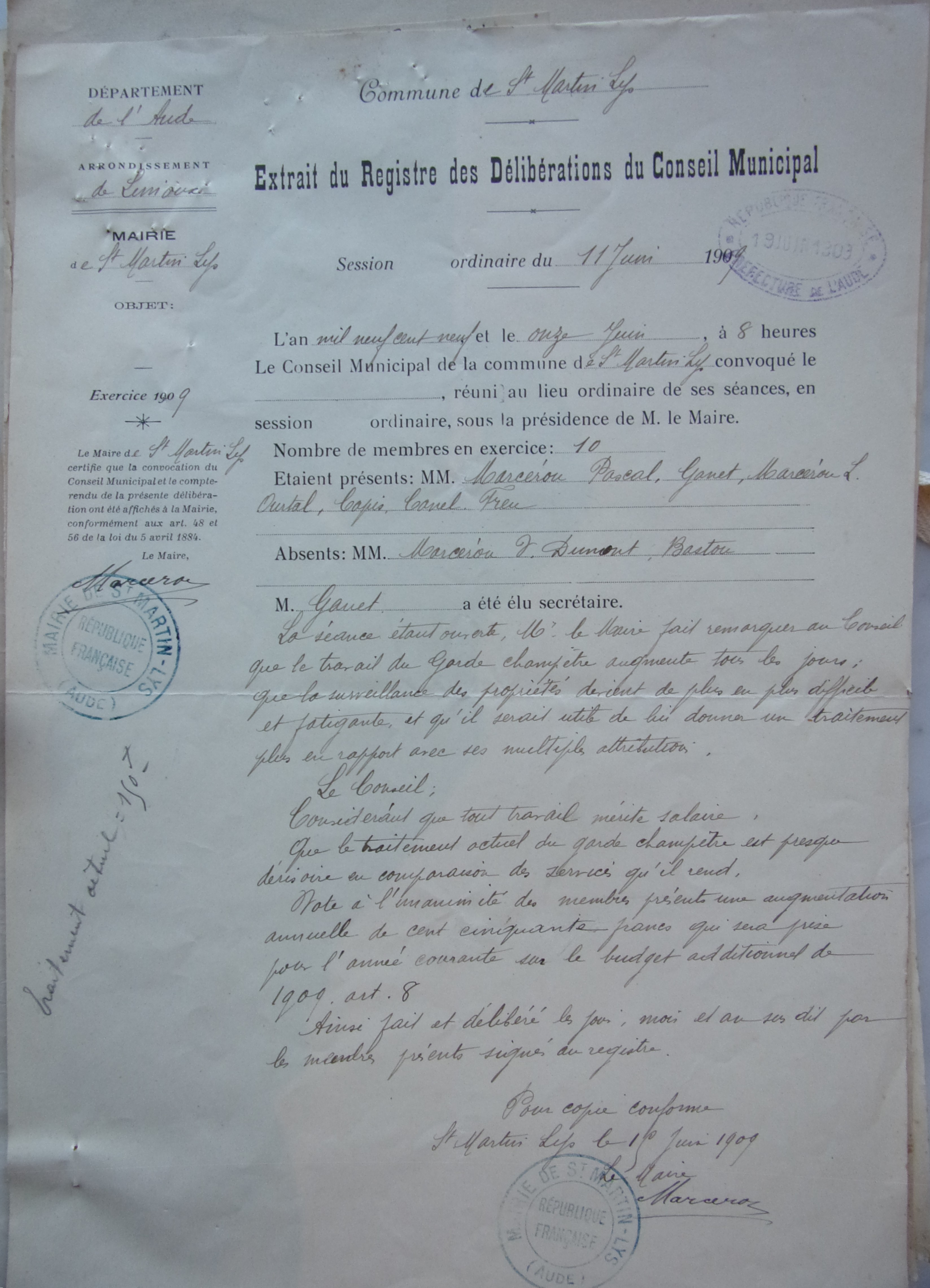 19090611 Extrait registre des affaires communale sur l'augmentation du garde champêtre p1