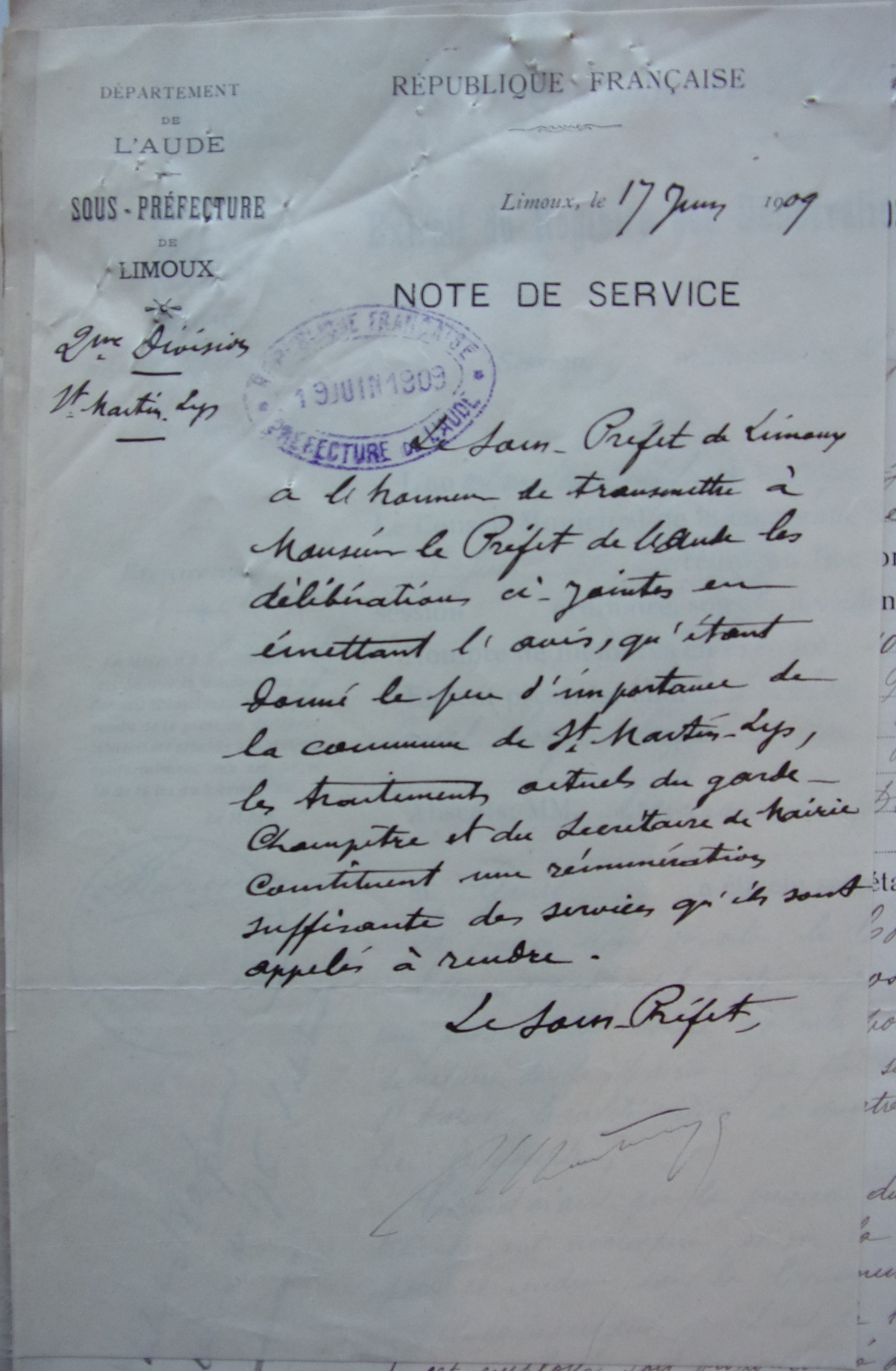 19090617 avis du Sous préfet sur l'augmentation du garde champêtre et du secrétaire de mairie transmis au préfet