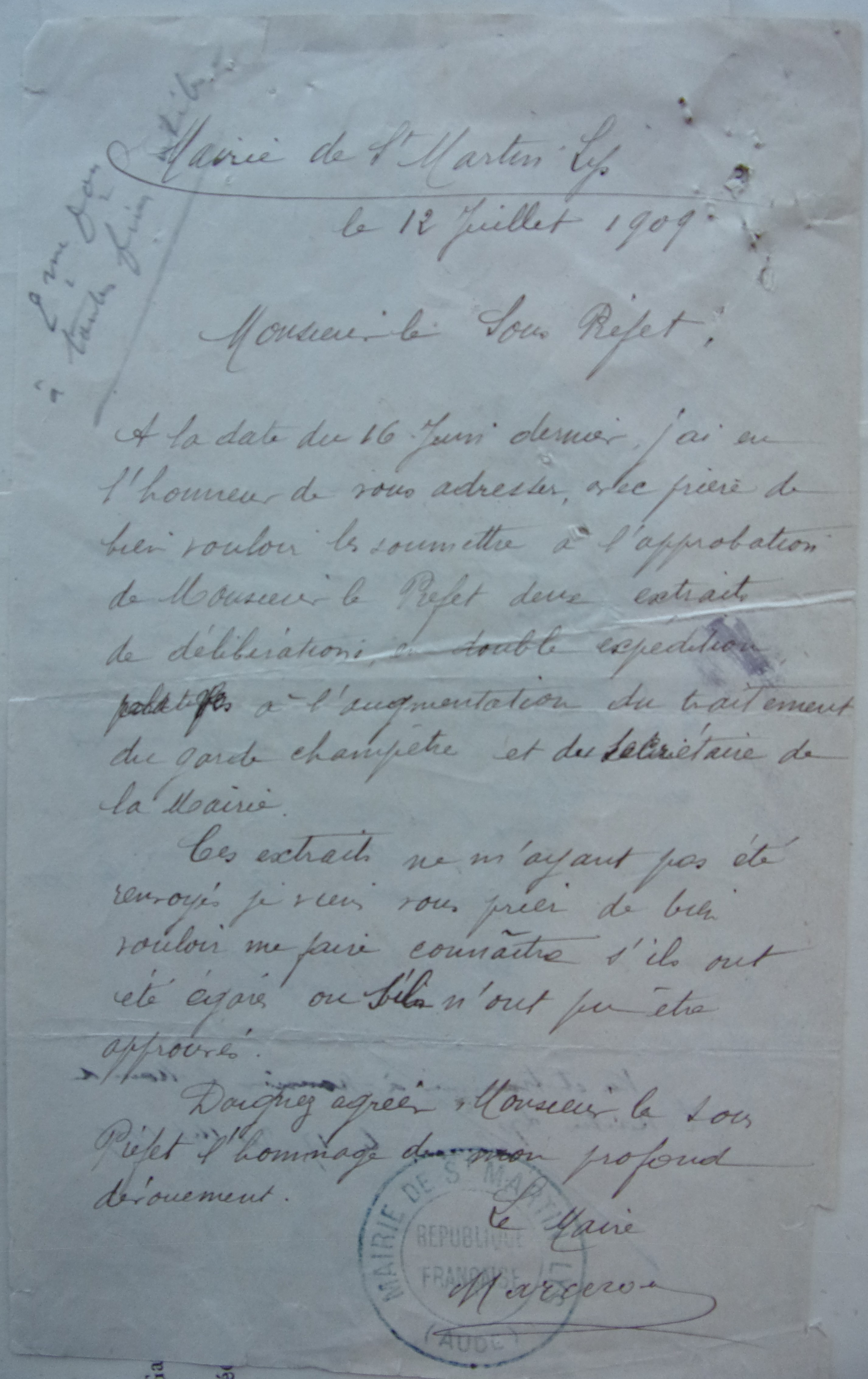 19090712 Réponse du maire par rapport à augmentation du secrétaire et garde champêtre