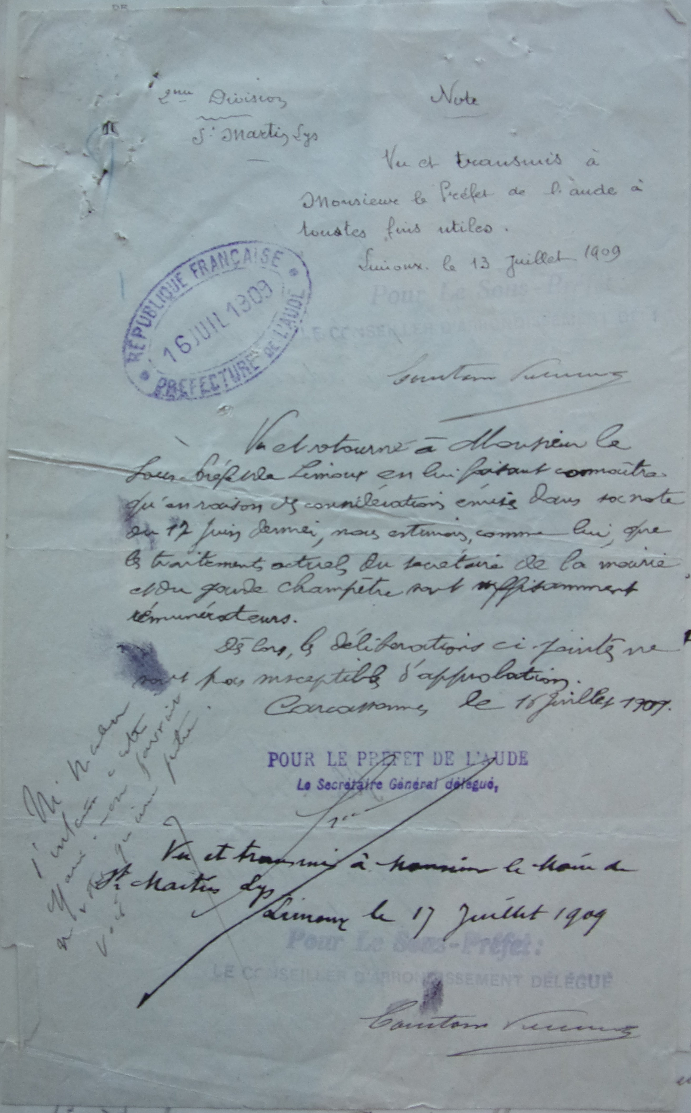 19090716 préfet avalise décision sous-préfet de refus augmentaion secrétaire et garde champêtre