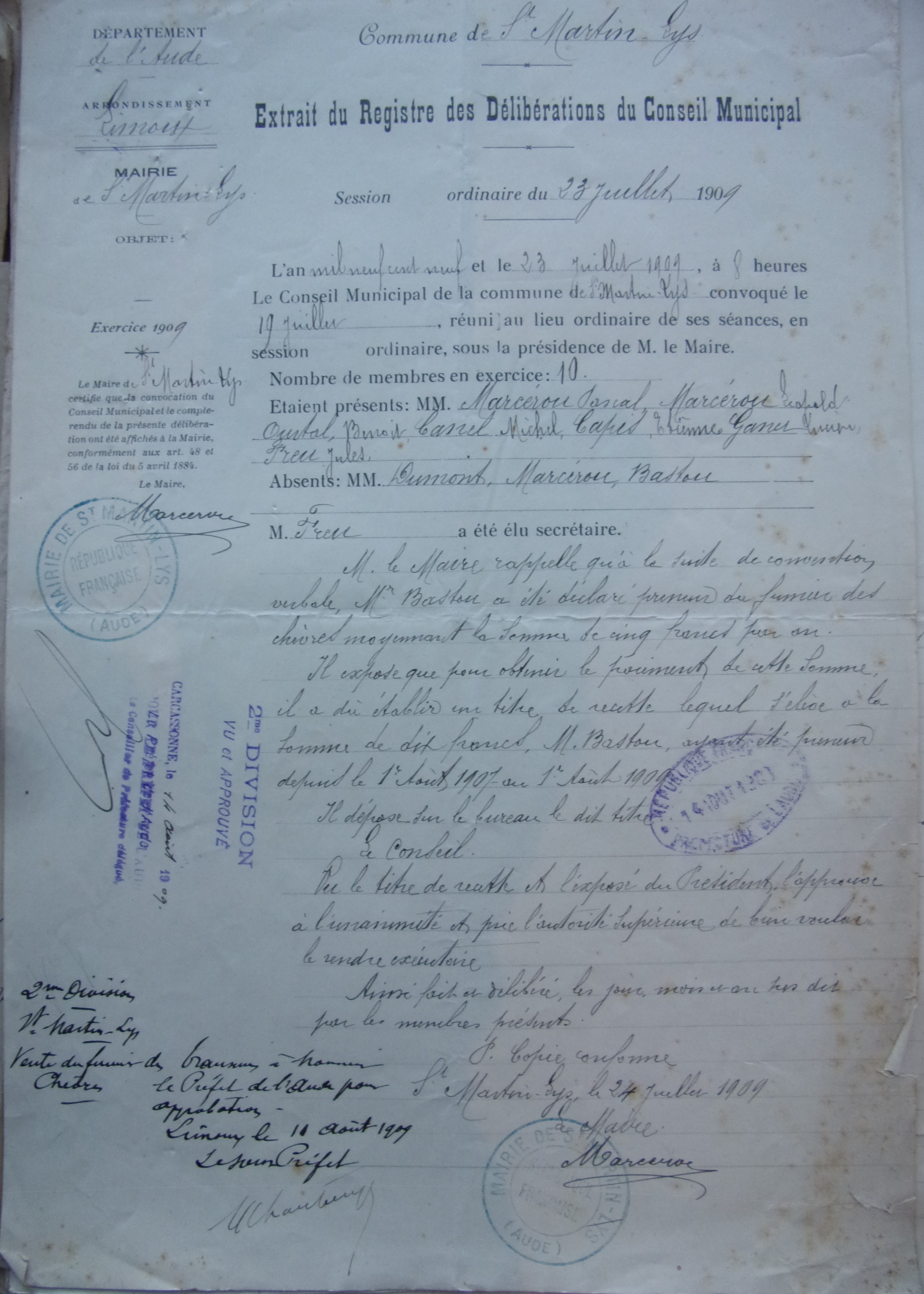 19090723 délibération conseil Vente du fumier de chèvres -double1
