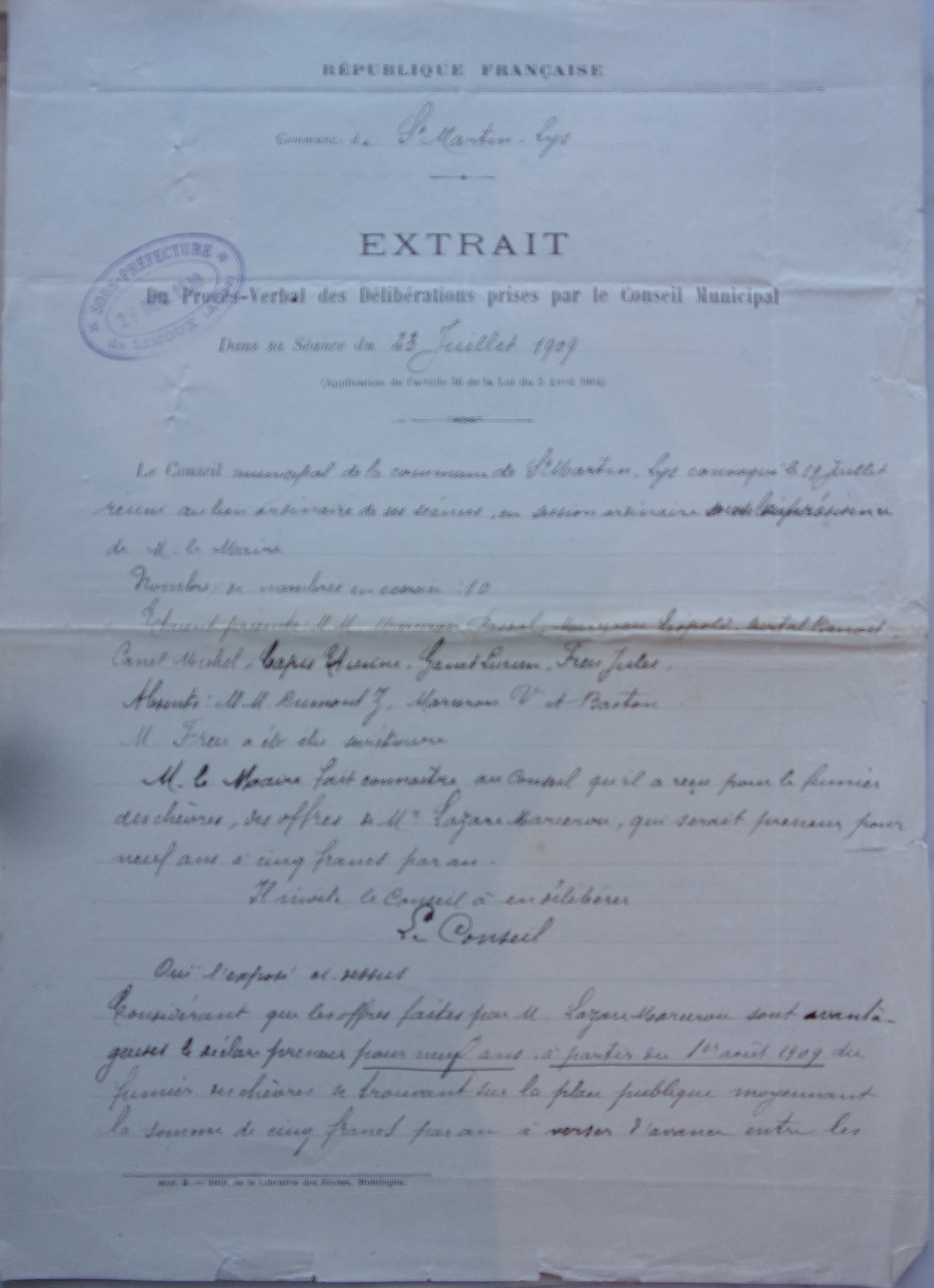 19090723 délibération conseil fumier de chèvres - offres de M Lazare p1