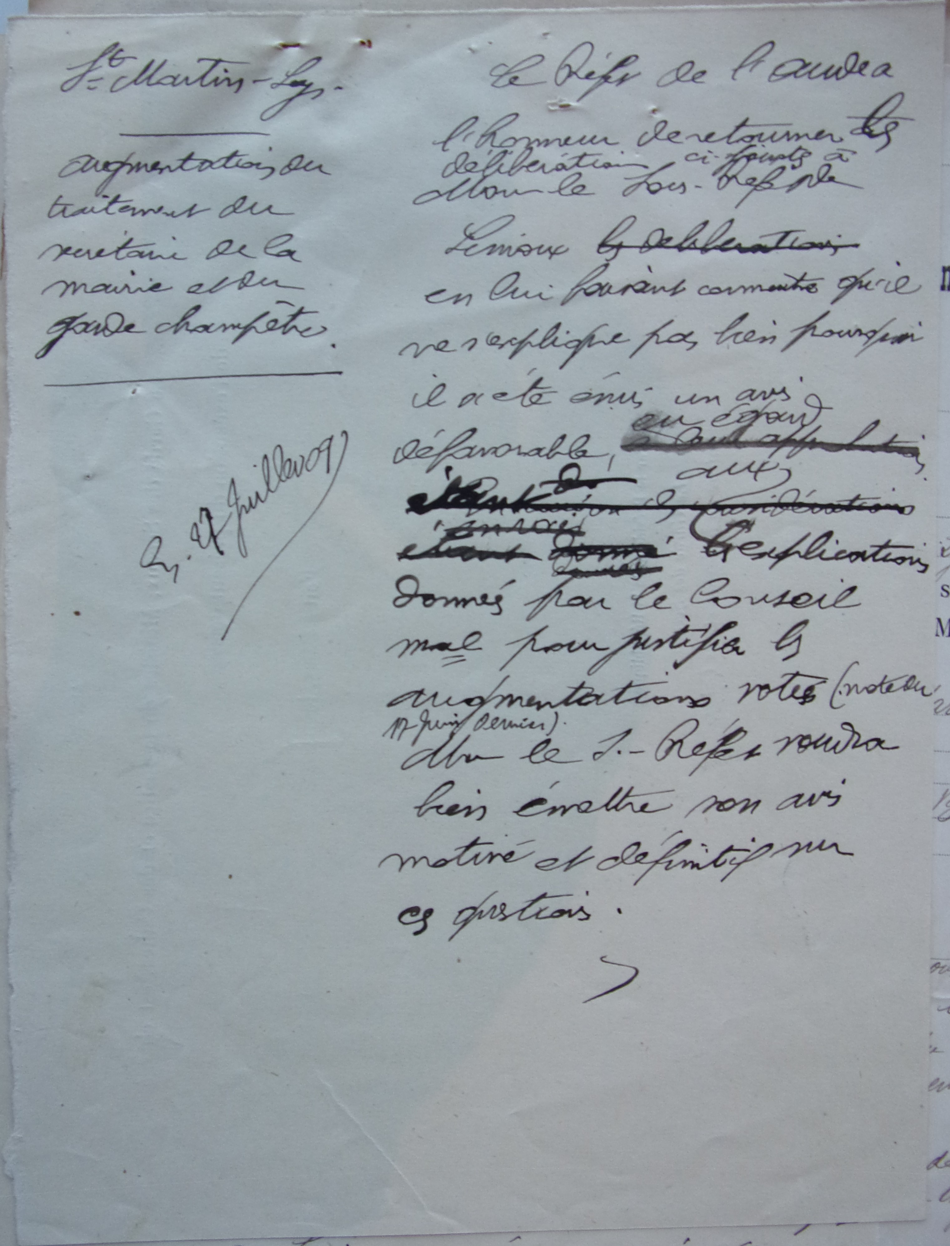 19090727 Réponse préfet au sous préfet - demande de justifier pourquoi il refuse les augmentations du secrétaire et garde champètre - brouillon