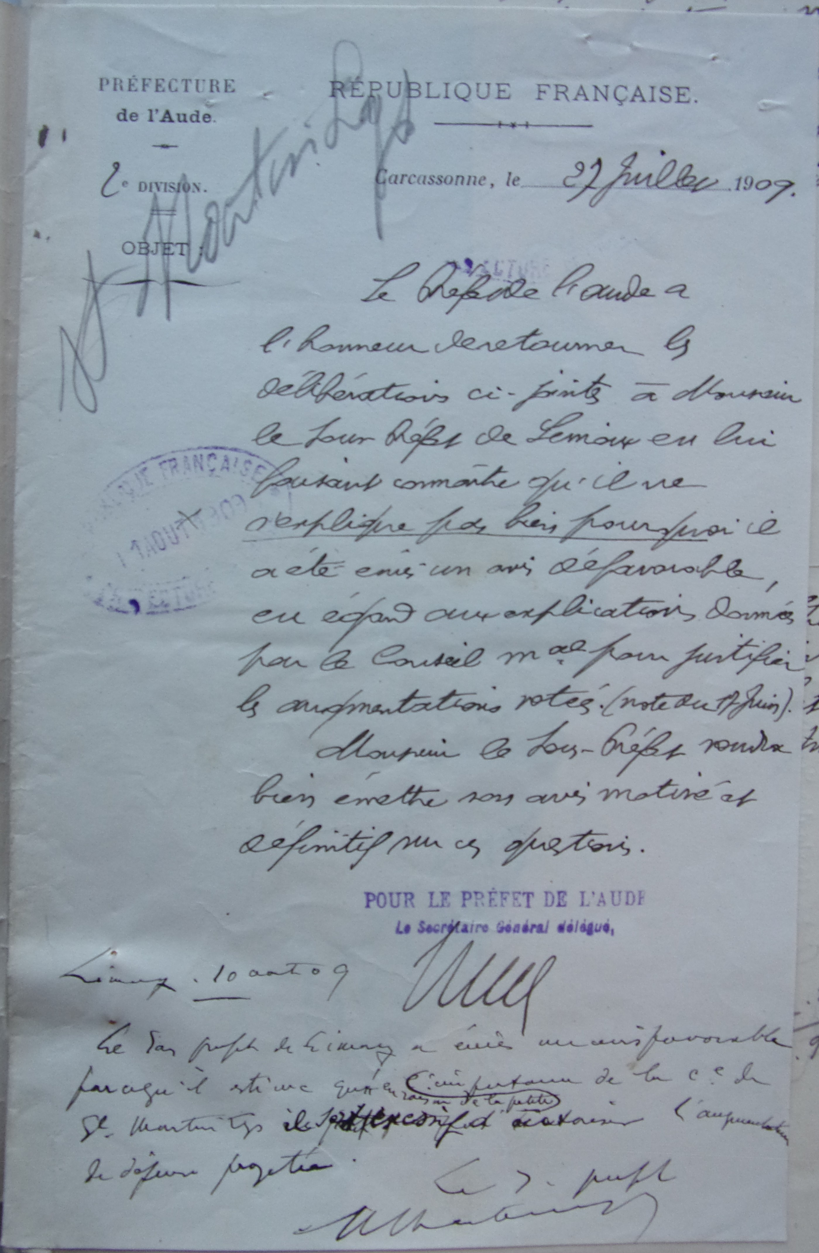 19090727 Réponse préfet au sous préfet - demande de justifier pourquoi il refuse les augmentations du secrétaire et garde champètre - original