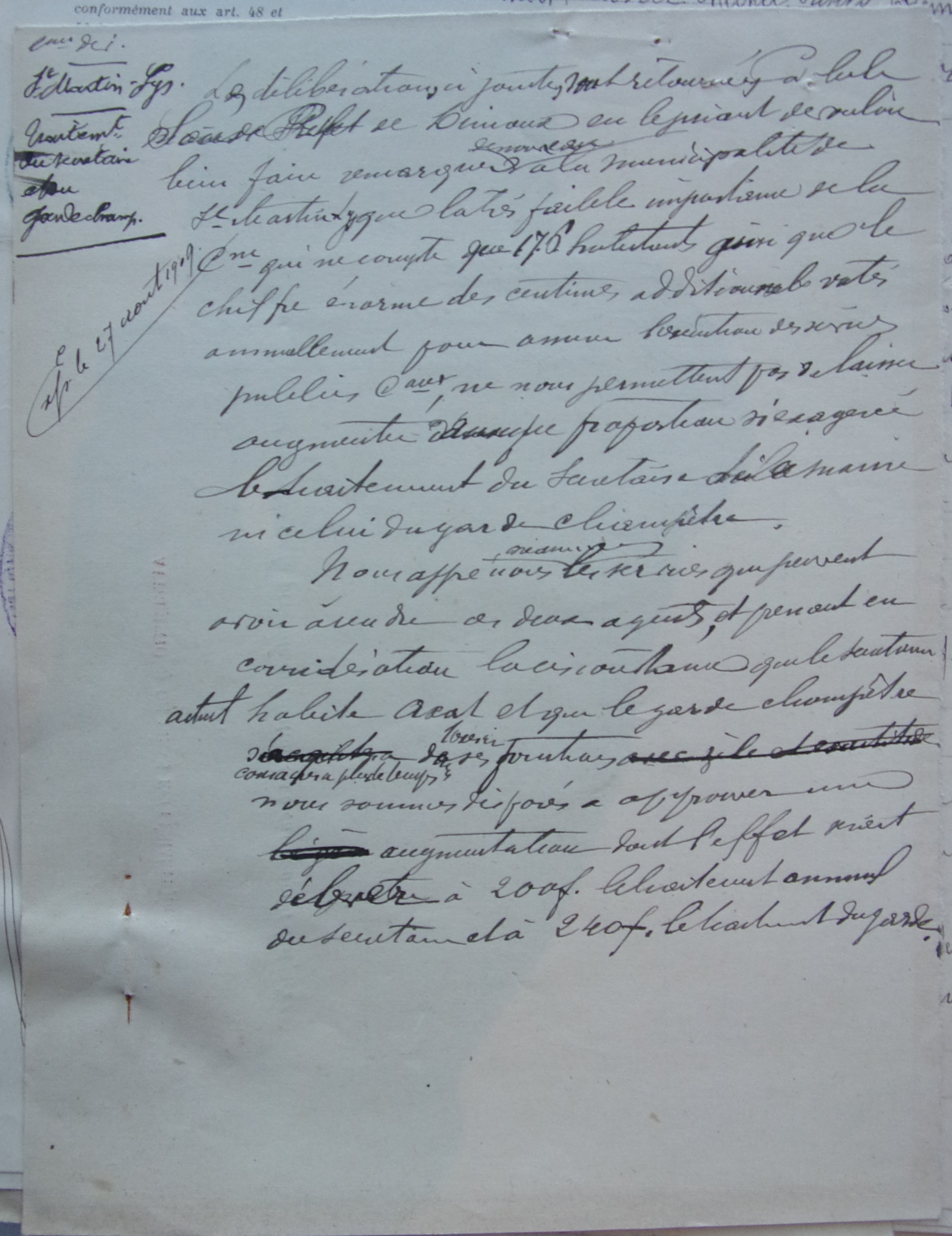 19090827 Brouillon de réponse du sous préfet à une demande d'augmentation du secrétaire de mairie et du garde champêtre - refus