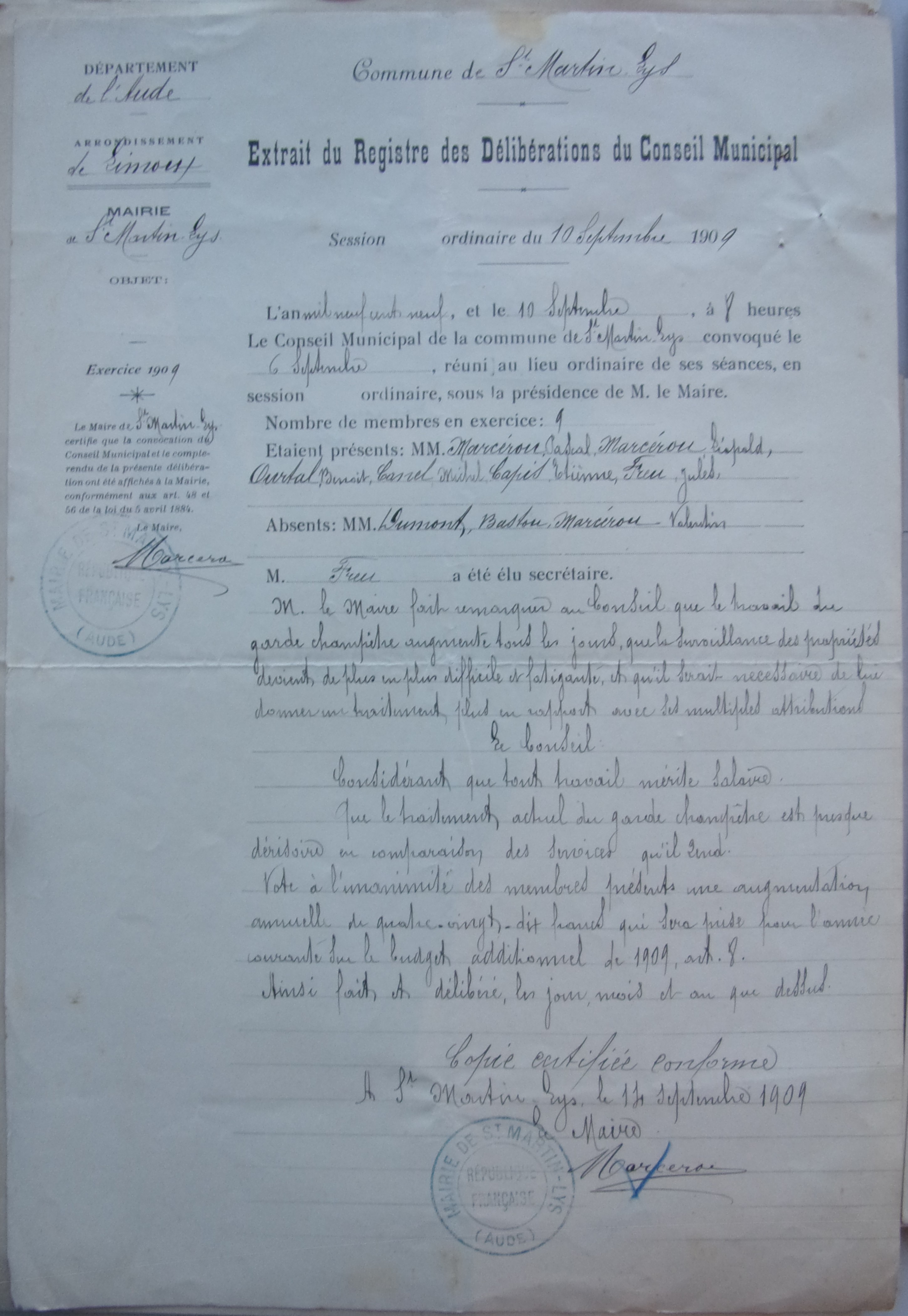 19090910 registre affaires communales  Augmentation garde champêtre