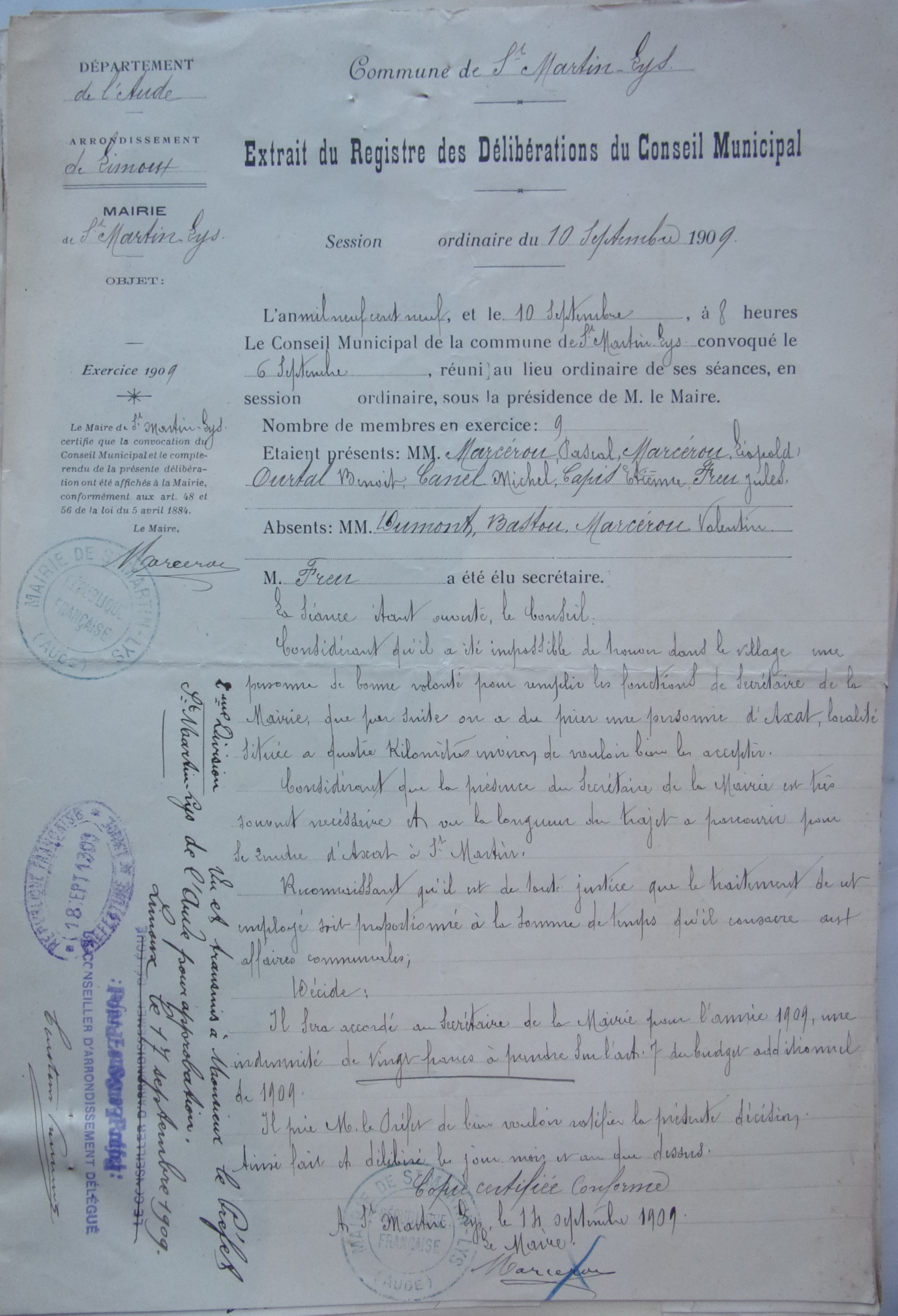 19090910 registre affaires communales - rémunération du secrétaire de mairie1