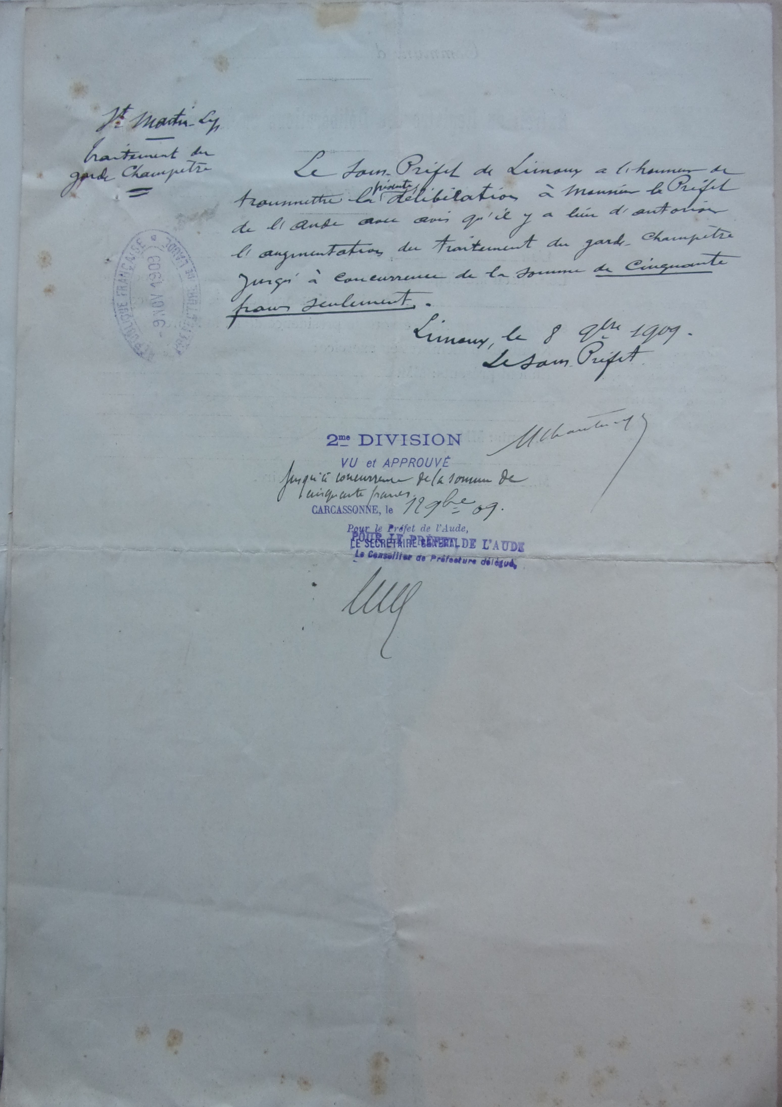 19091108 demande du sous préfet de validation d'une augmentation de 50 francs du garde champêtre