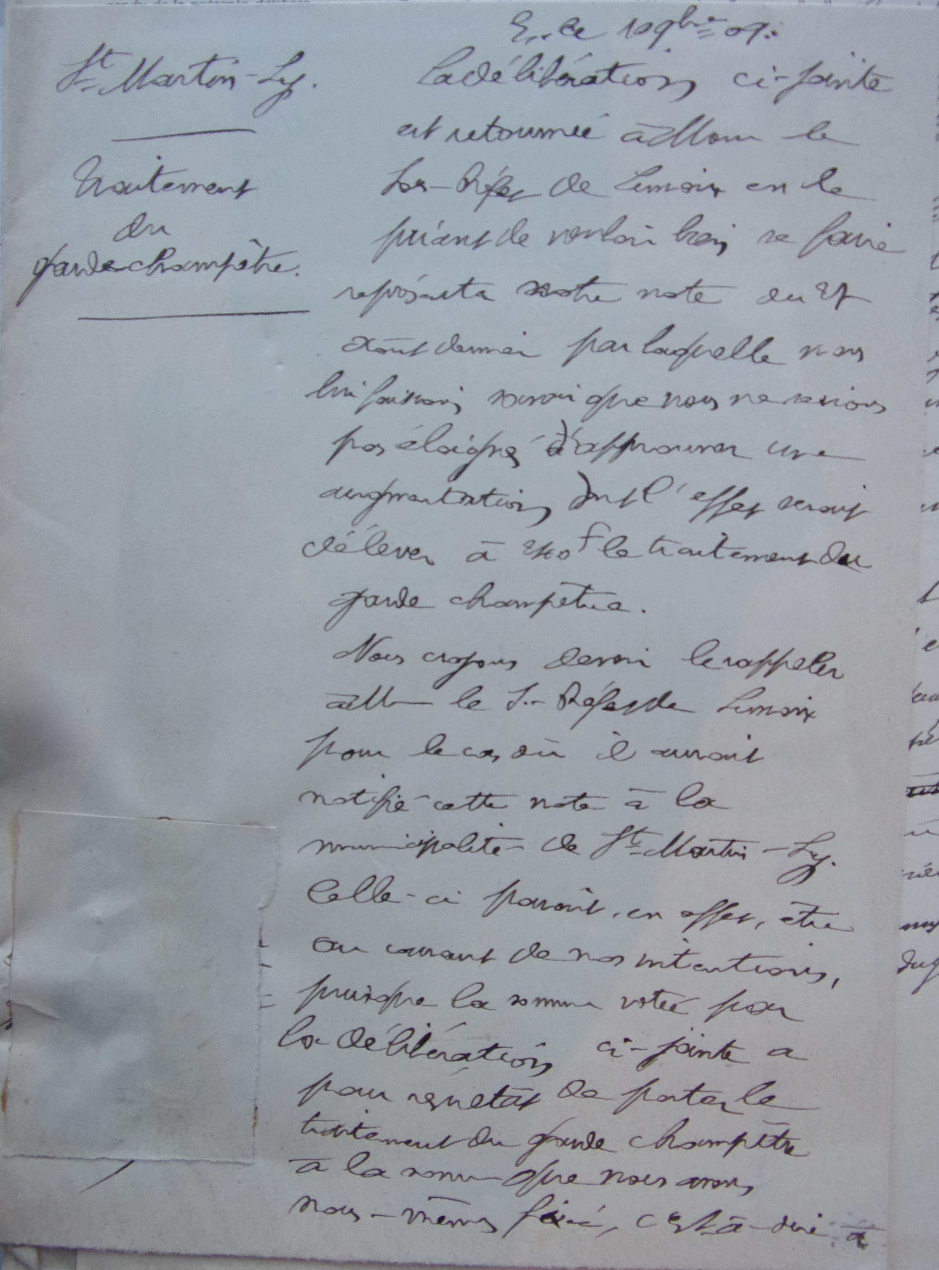 19091109 courrier au sous préfet accompagnant une délibération du conseil - augmentation du traitement du garde champêtre recto