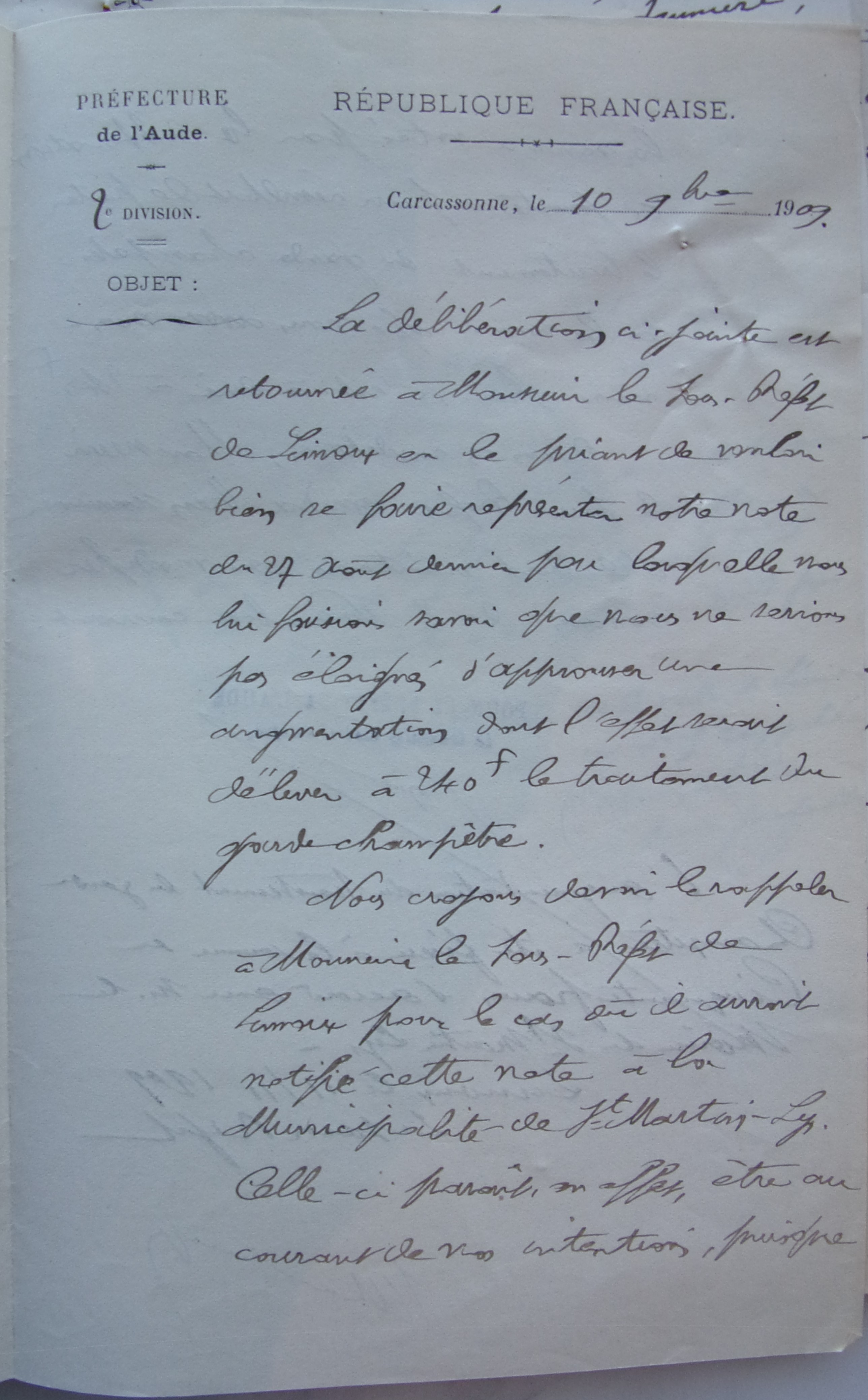 19091110 Préfecture accord d'augmenter le garde champêtre p1