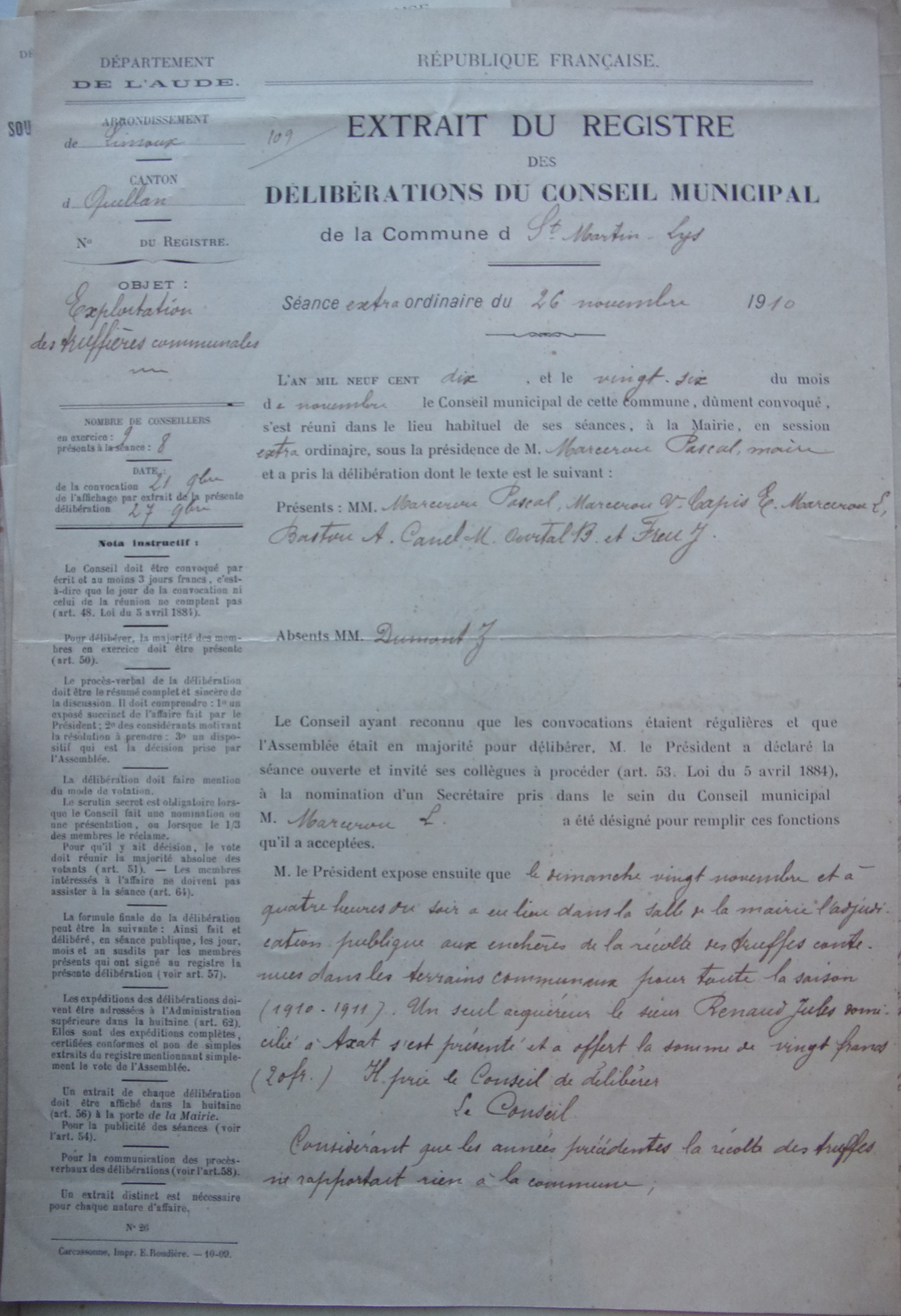 19101126 délibération conseil Exploitation des truffières communales p1