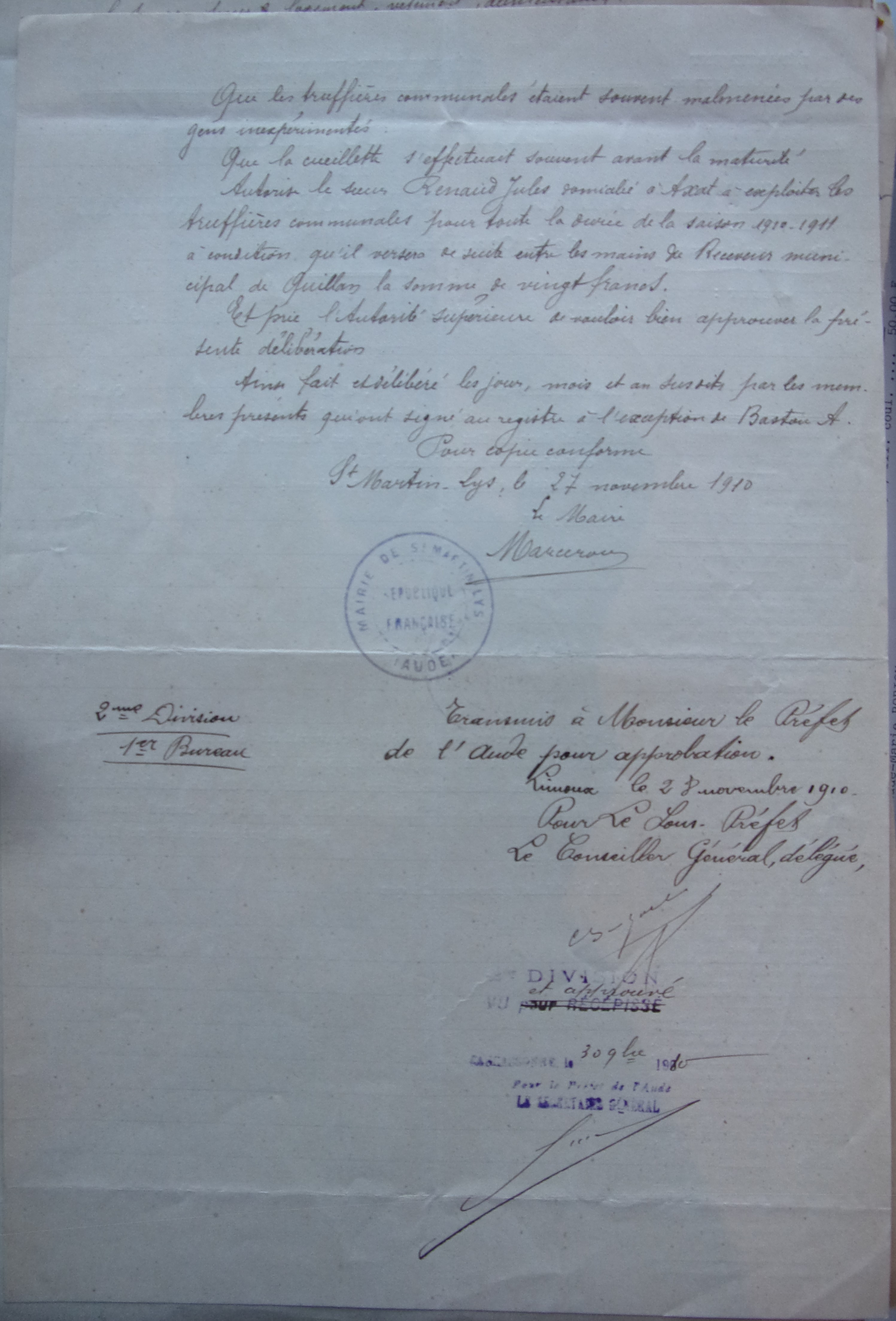 19101126 délibération conseil Exploitation des truffières communales p2