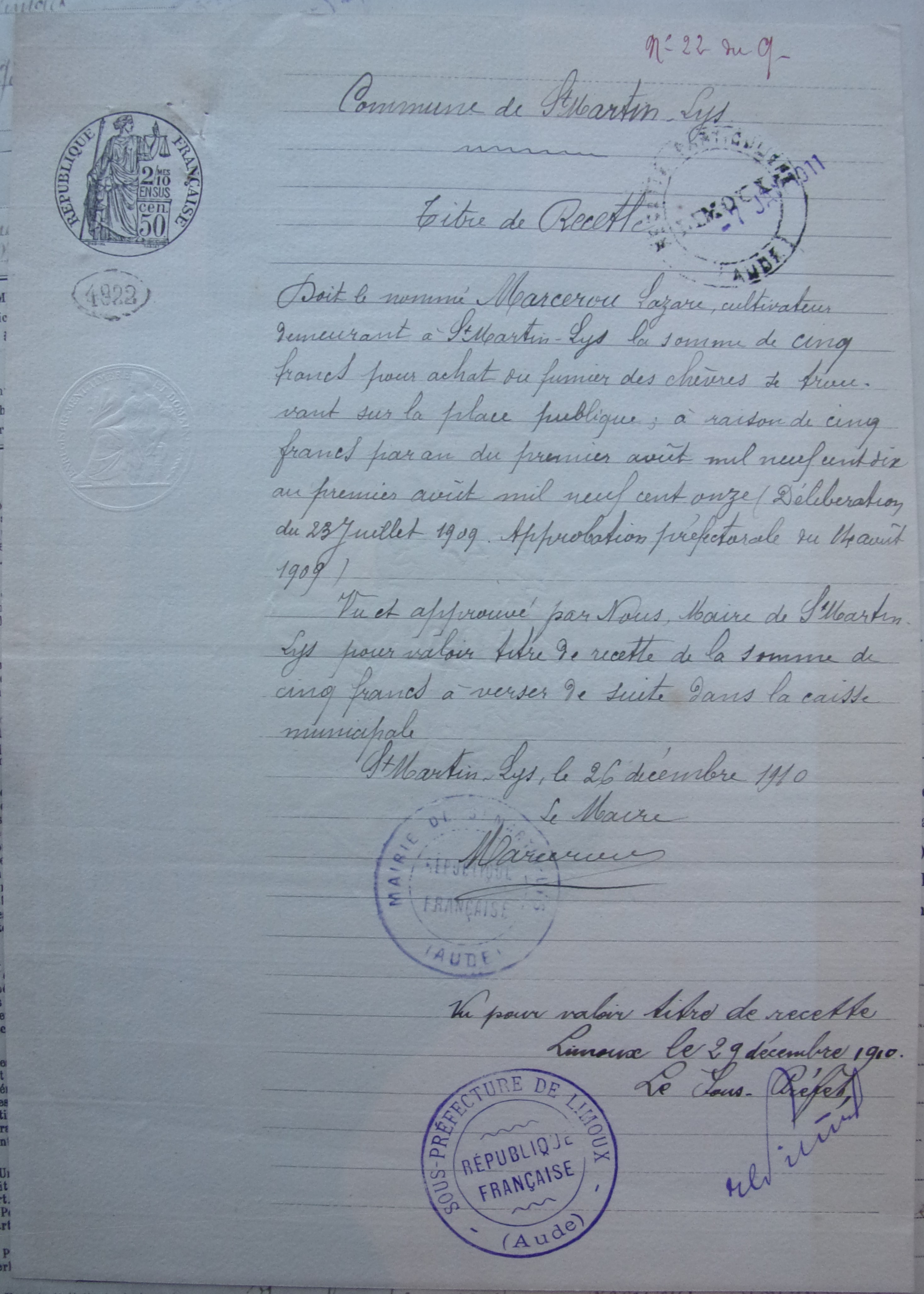 19101226 titre de recette - achat du fumier des chêvres se trvant sur la place publique