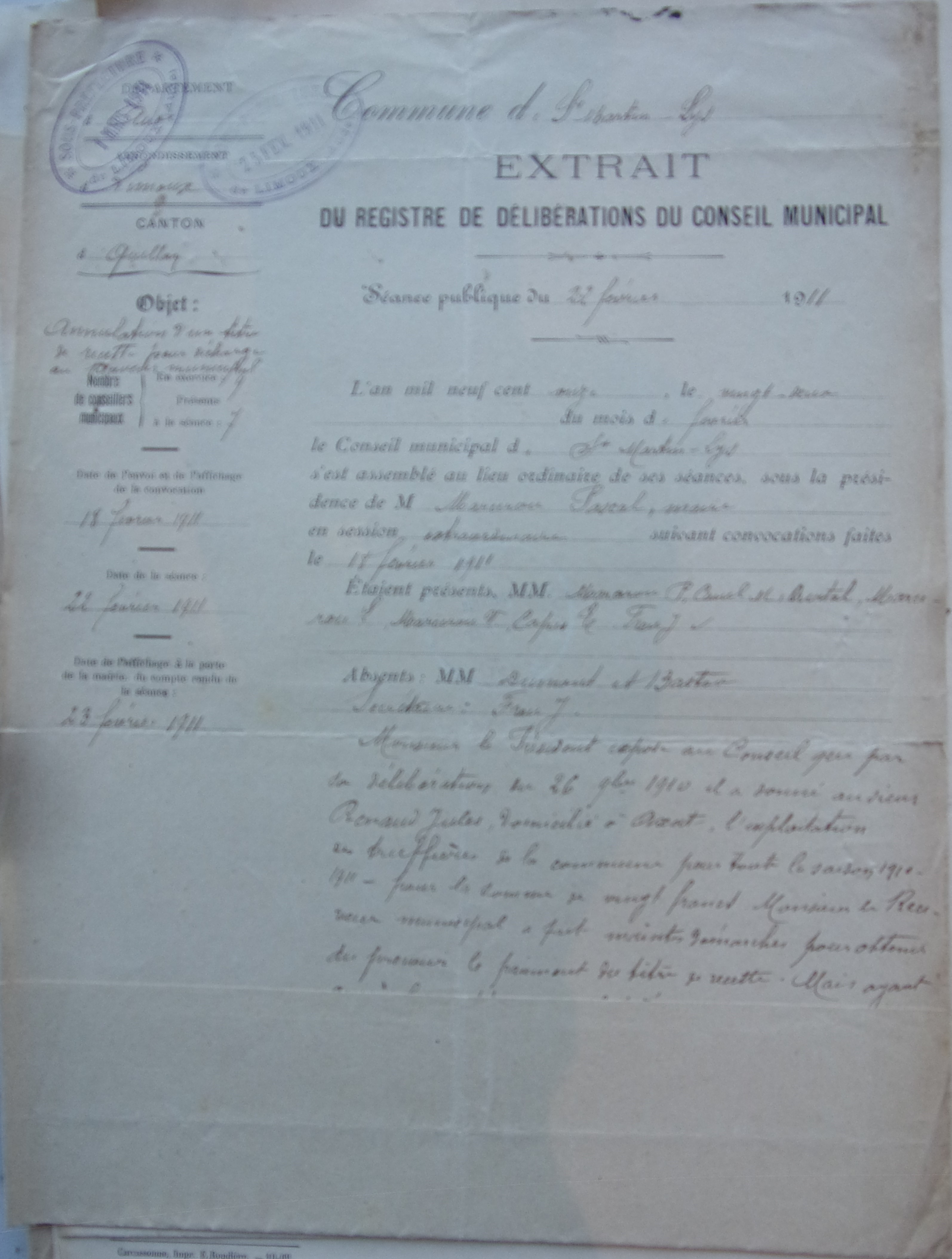 19110222 délibération conseil Annulation d'un titre de recette pour décharge Receveur Municipal double p1