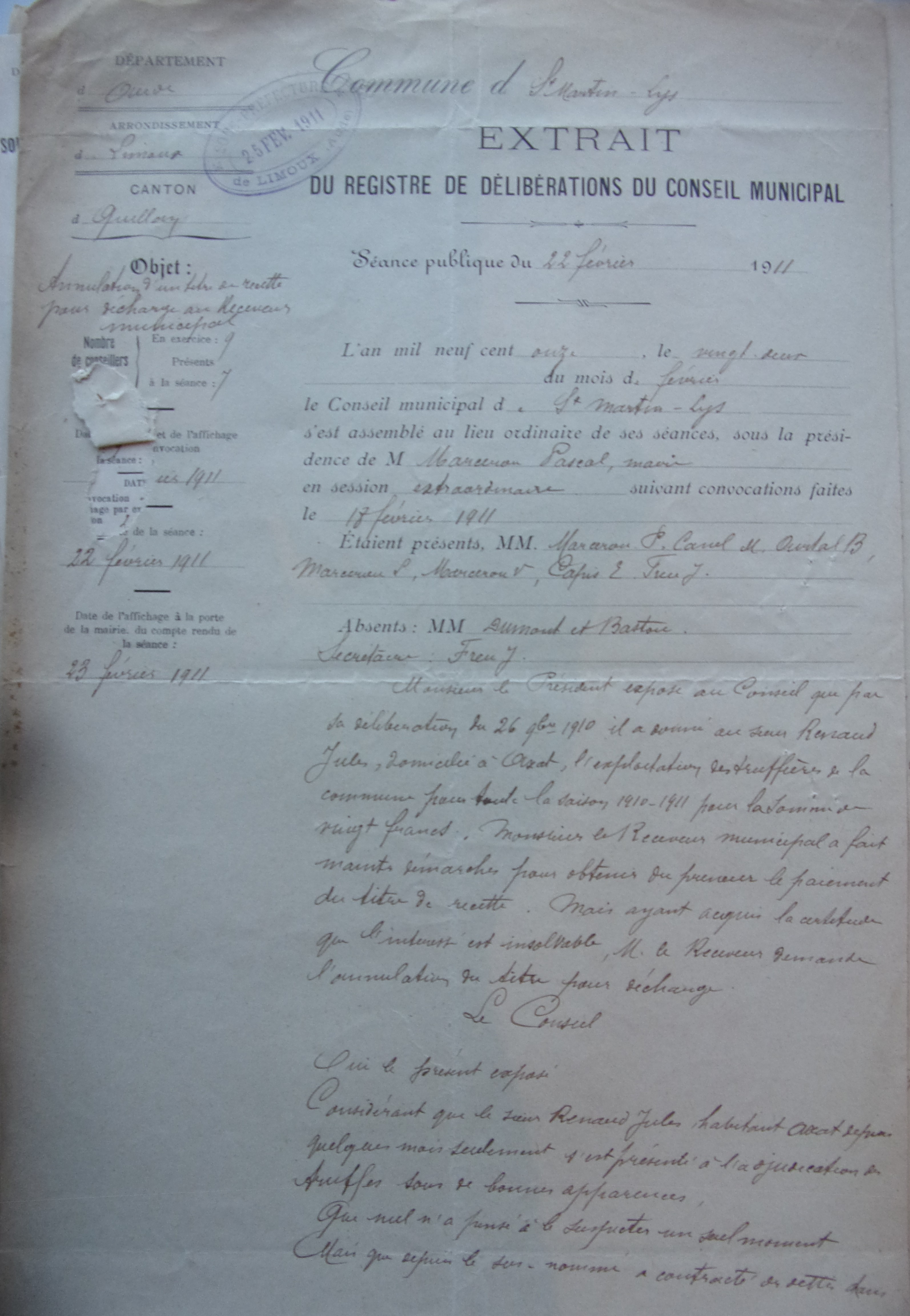 19110222 délibération conseil Annulation d'un titre de recette pour décharge au receveur municipal p1