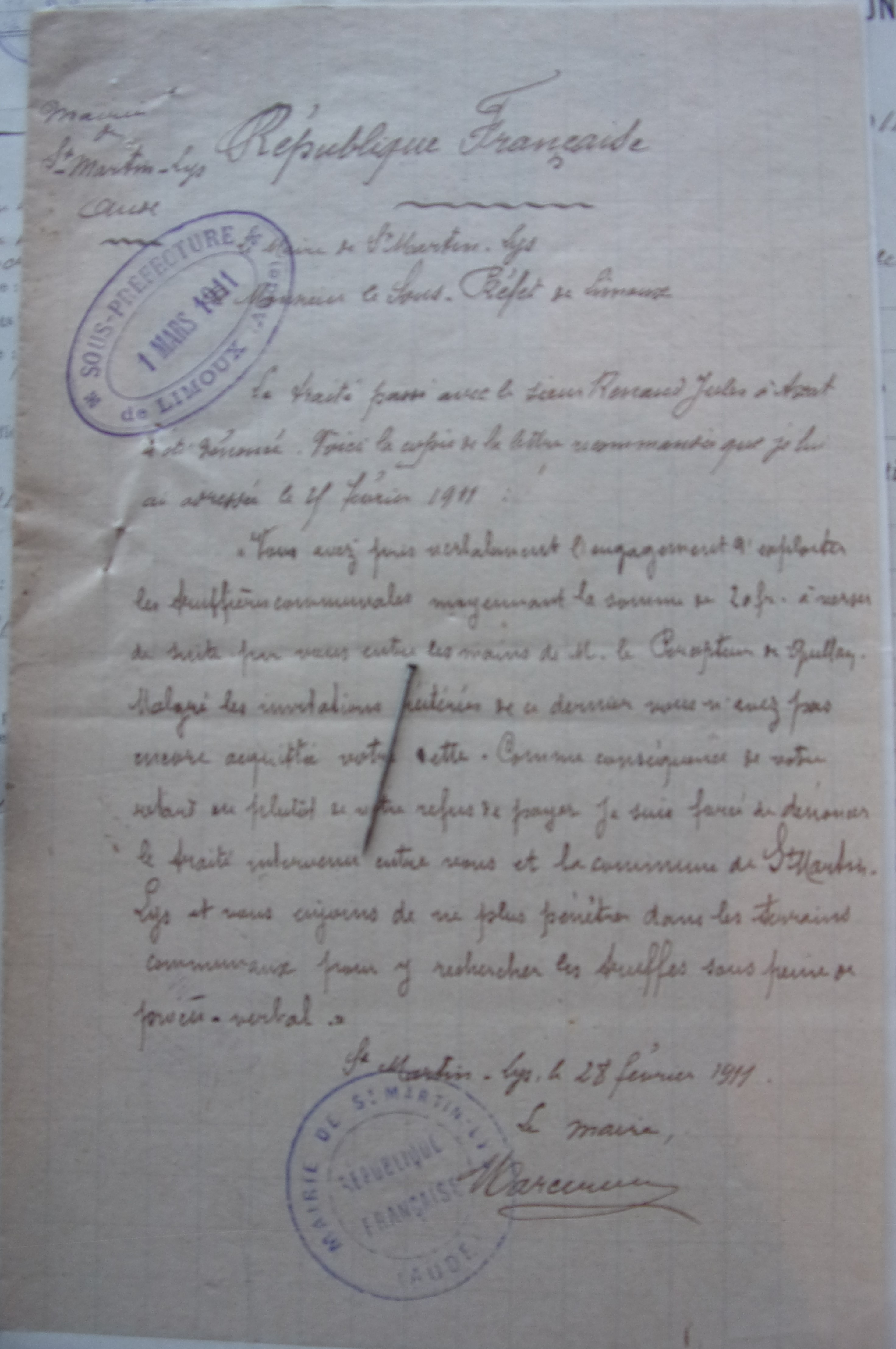 19110228 Du Maire au Sous-Préfet dénonciation de l'engagement d'exploiter les truffières communale pris avec Renaud Jules
