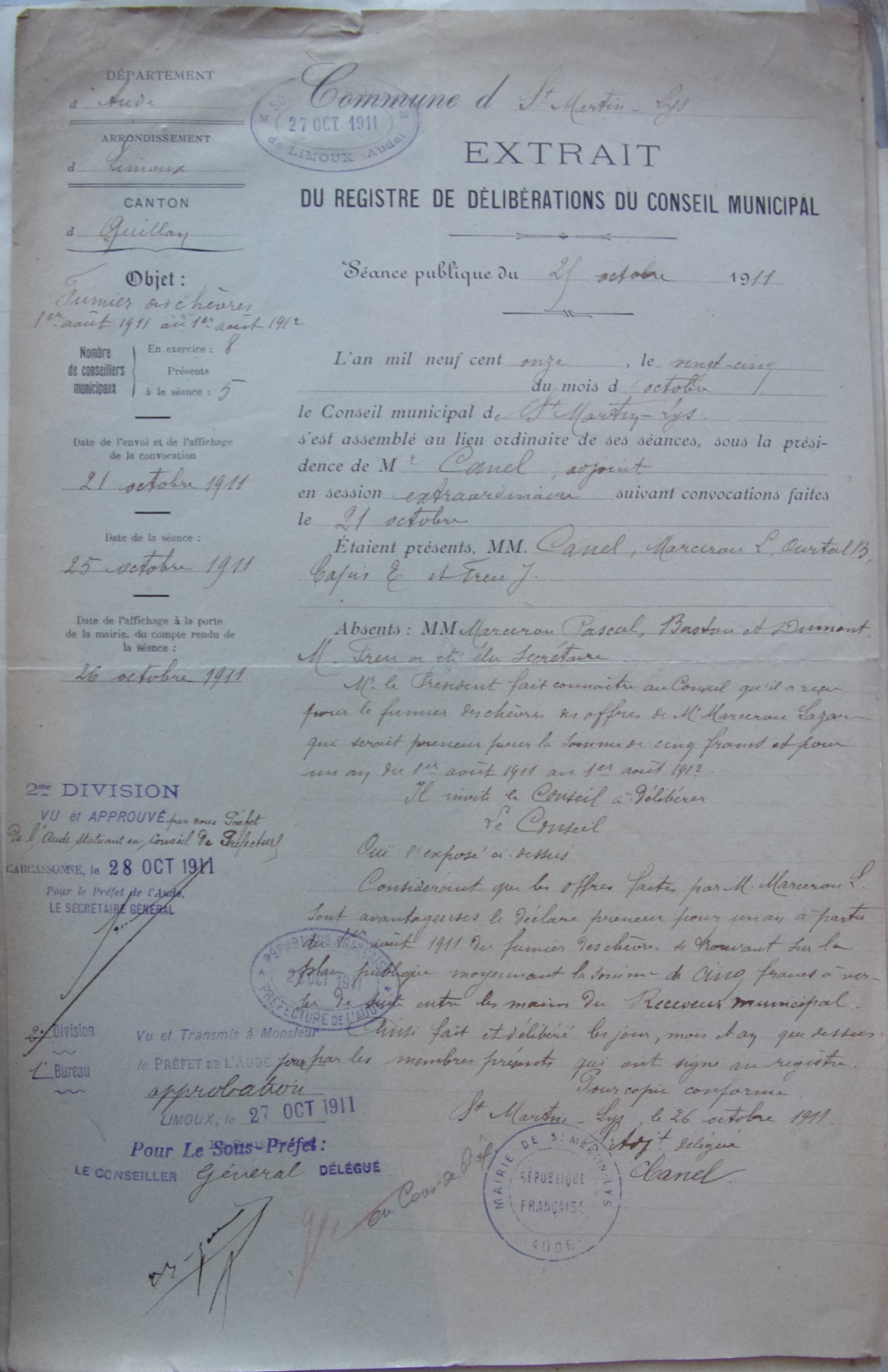 19111025 délibération conseil Fumier des chèvres 1 août 1911 au 1 août 1912
