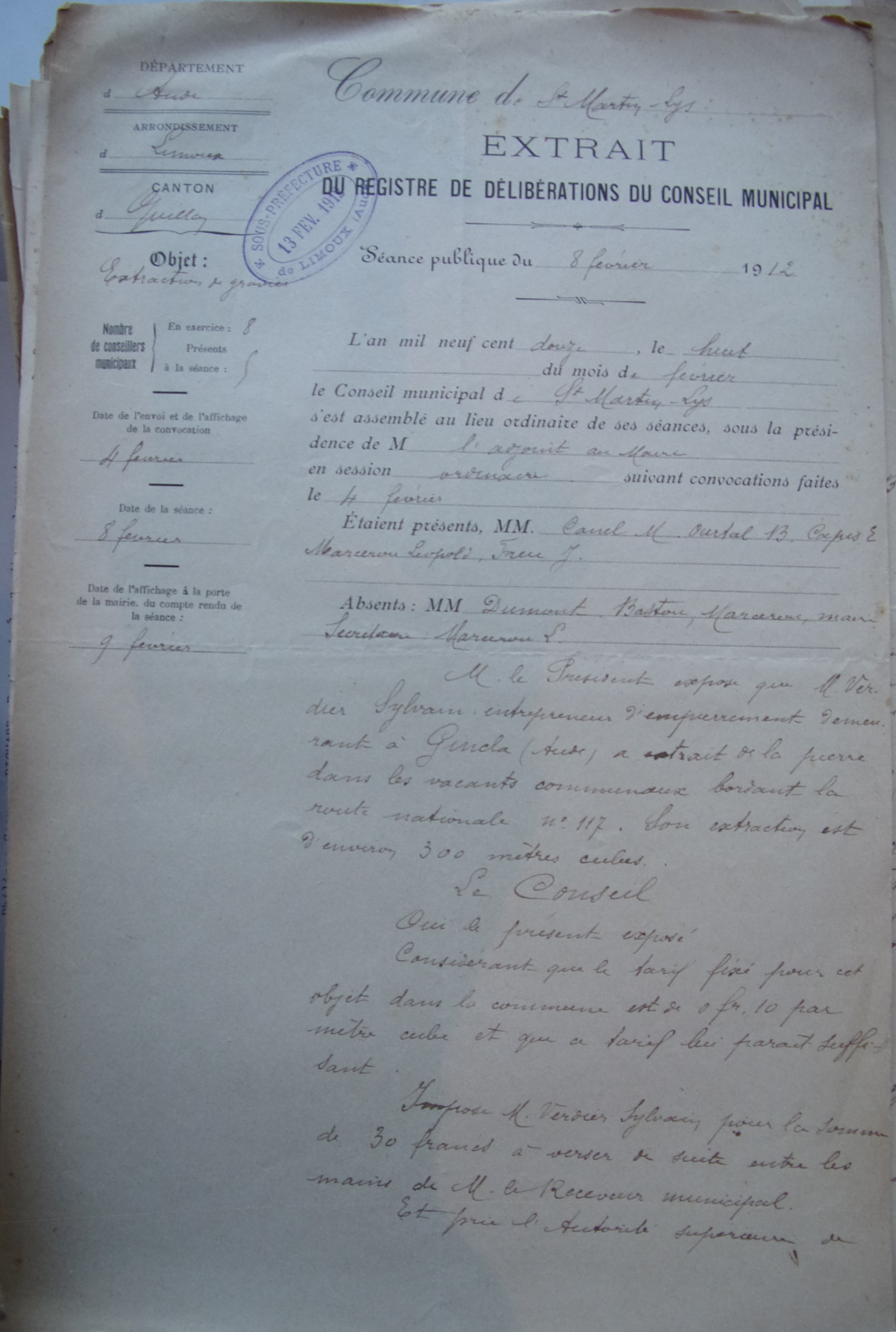 19120208 délibération conseil extraction de gravier p1