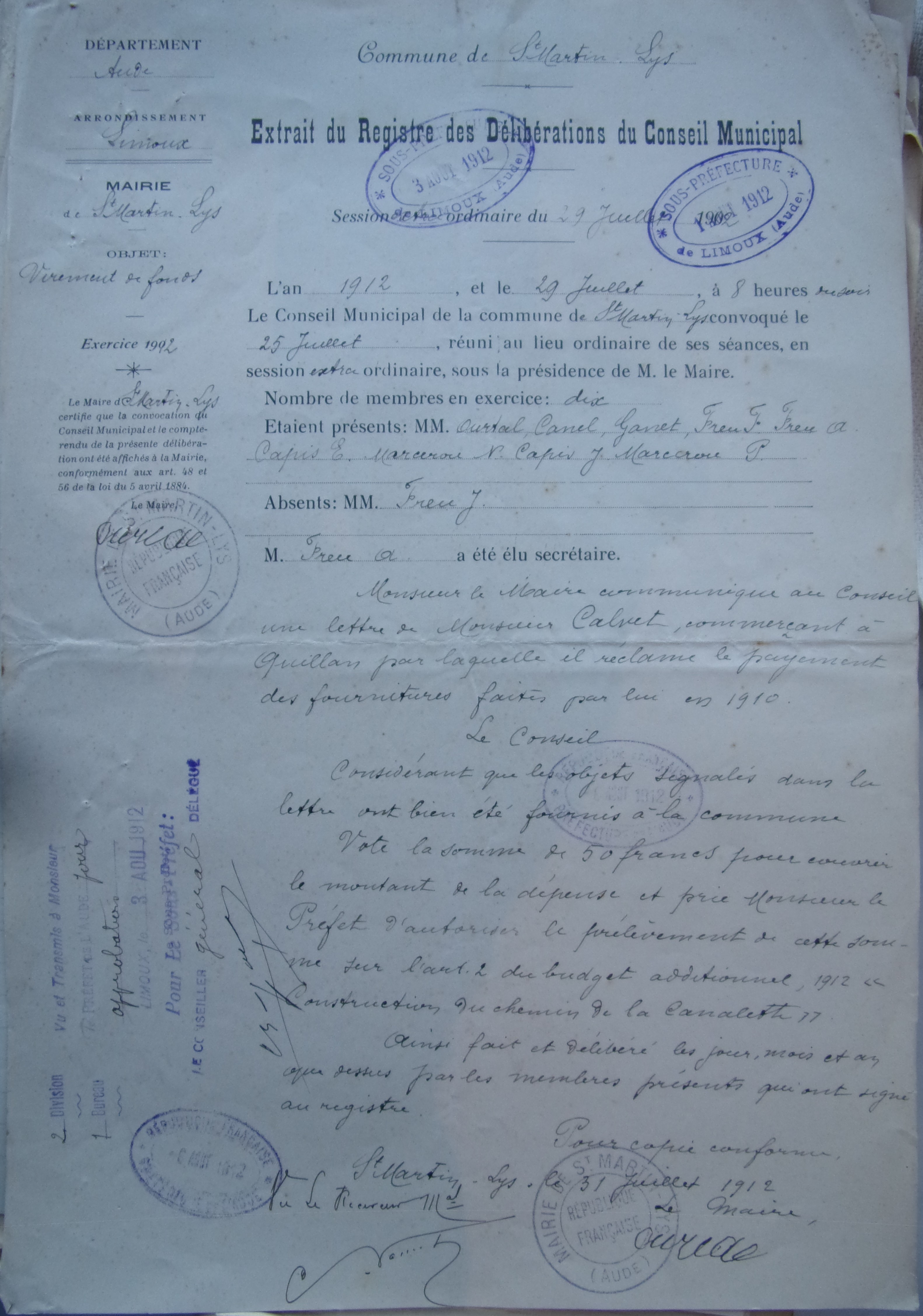 19120729 délibération conseil Réclamation du commerçant Calvet pour paiement de fournitures p1