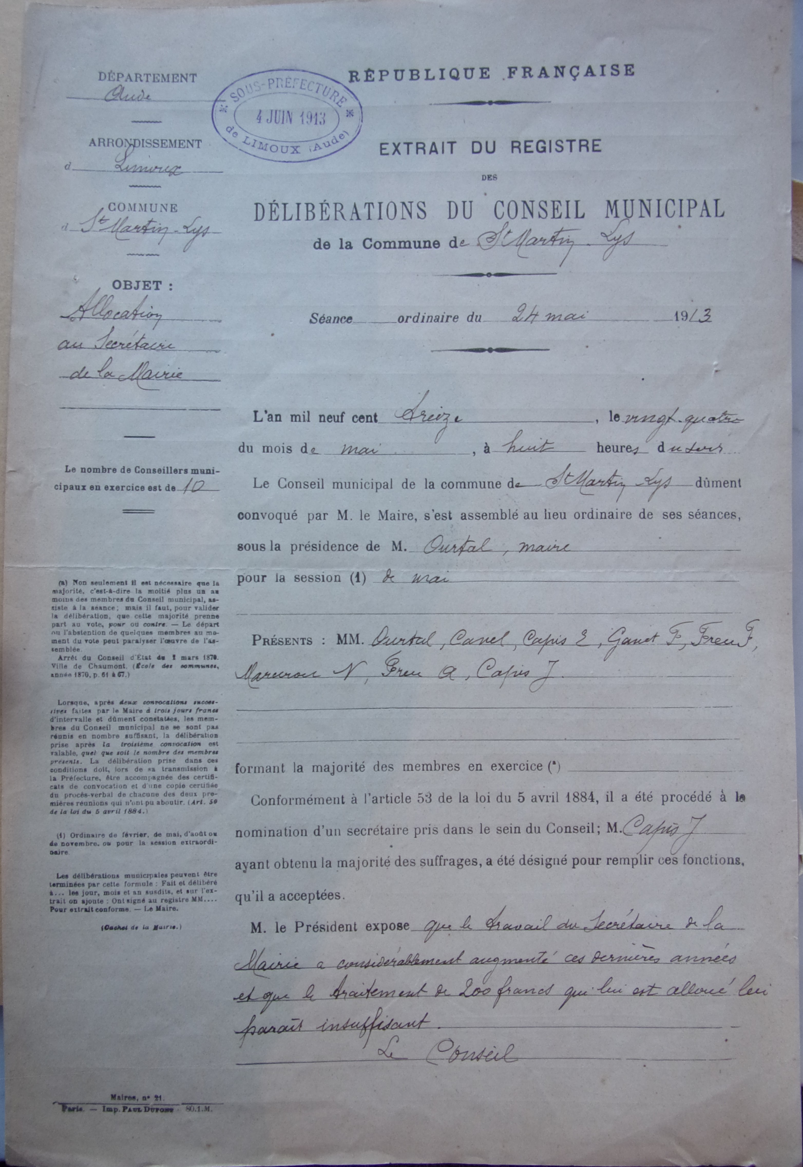 19130524 délibération du conseil municipal - allocation au secrétaire de mairie -recto