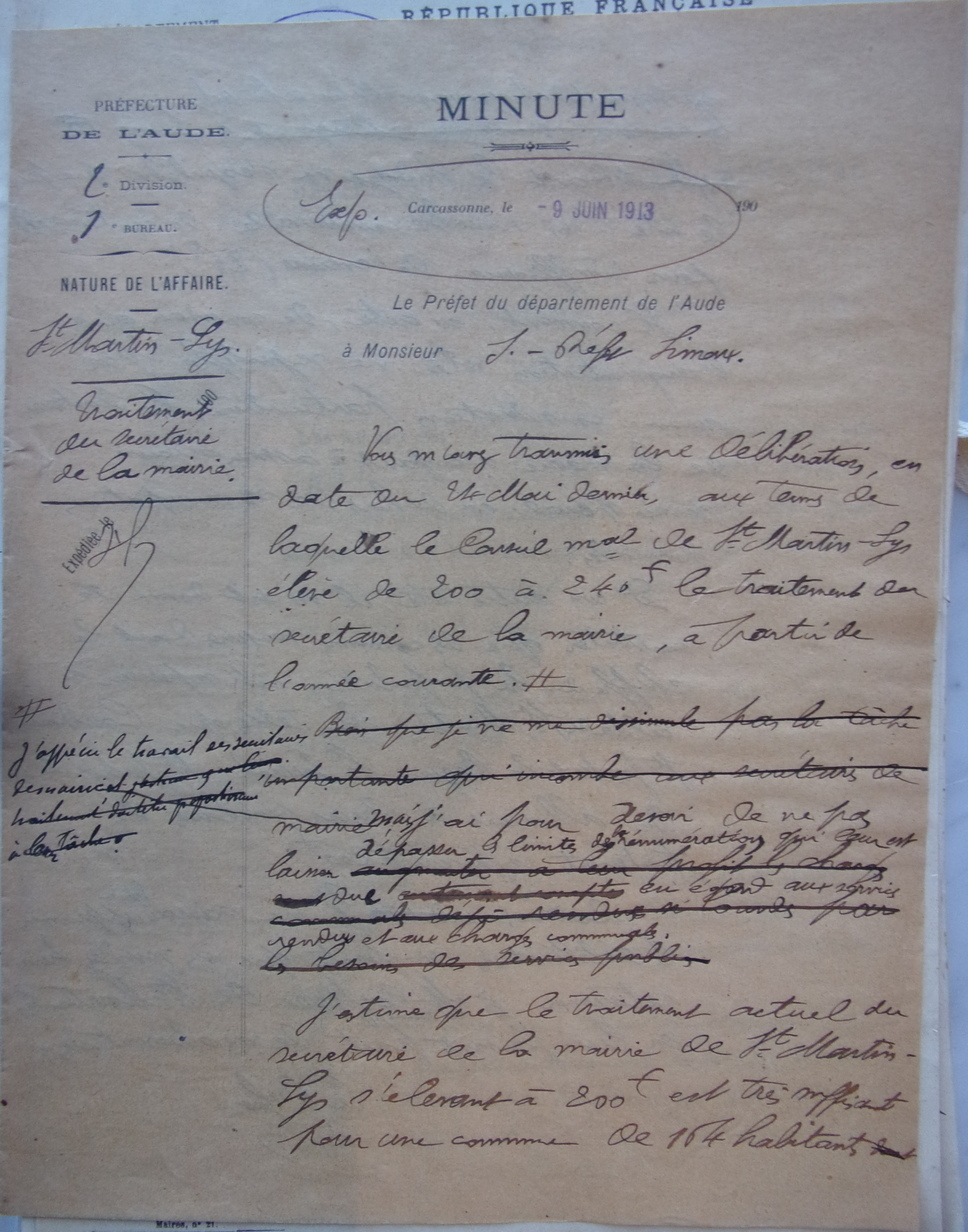 19130609 Minute Préfet au Sous-Préfet - Traitement du secrétaire de mairie - refus augmentation - recto
