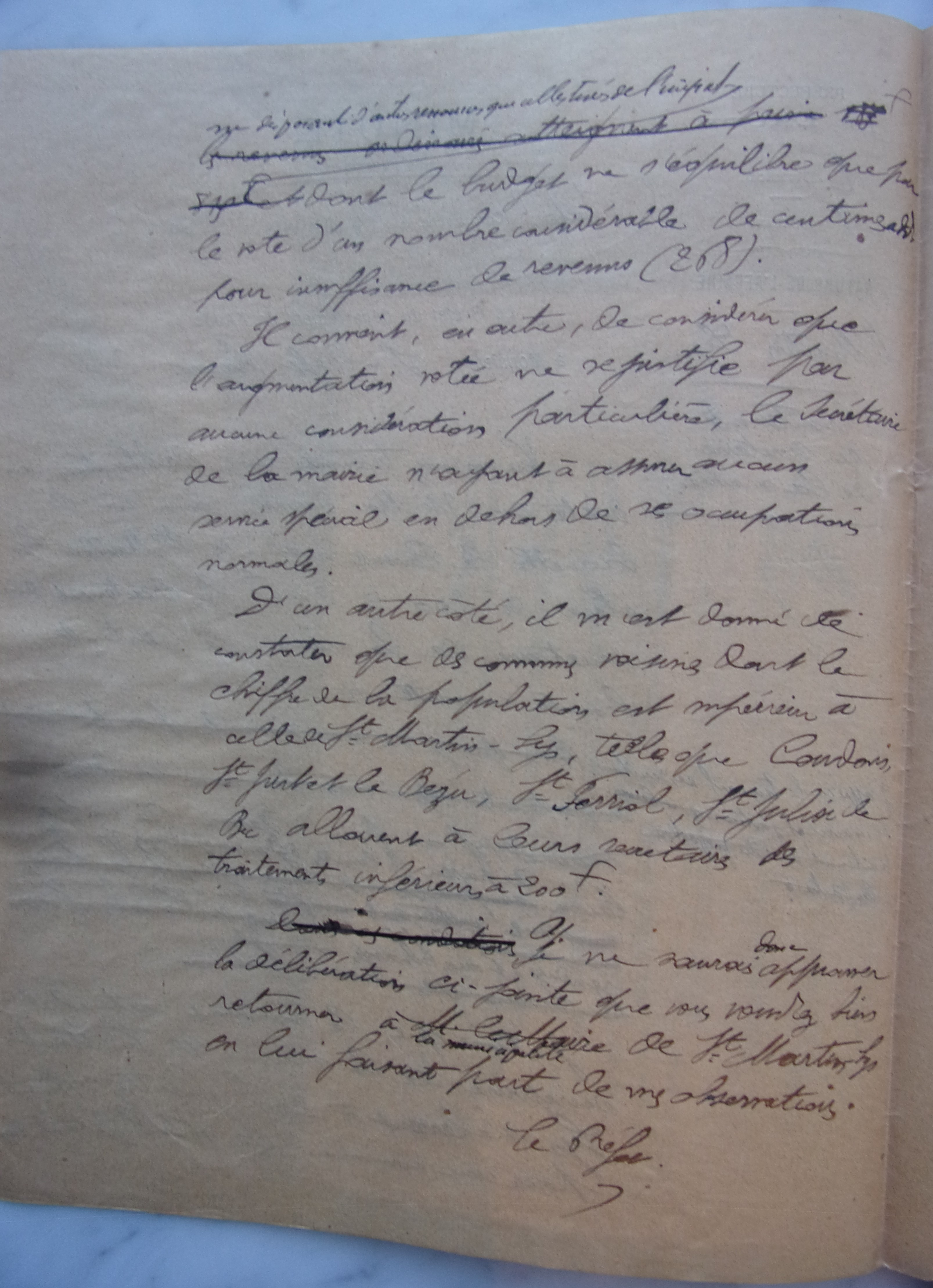 19130609 Minute Préfet au Sous-Préfet - Traitement du secrétaire de mairie - refus augmentation - verso