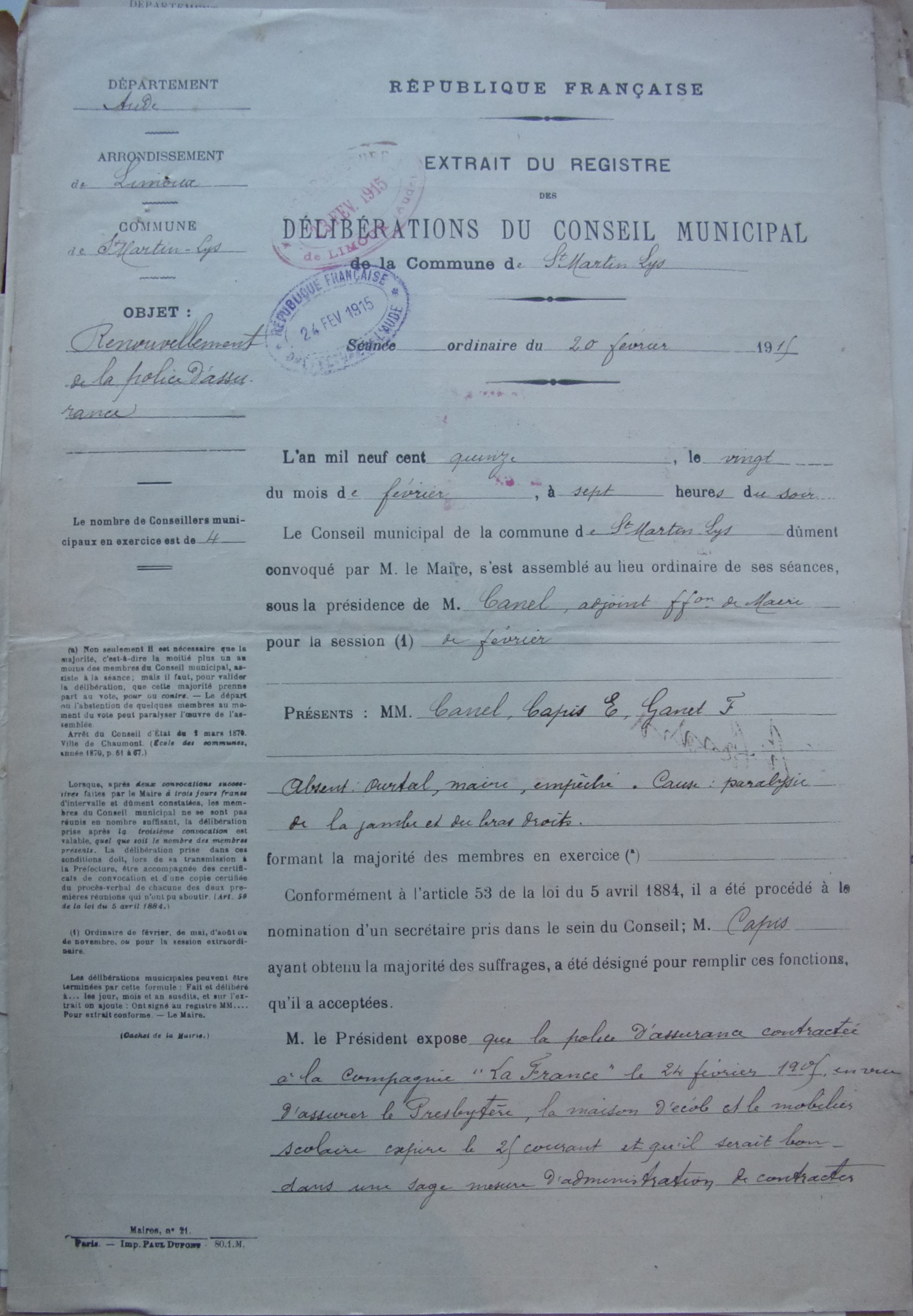 19150220 délibération conseil Renouvellement de la police d'assurance p1