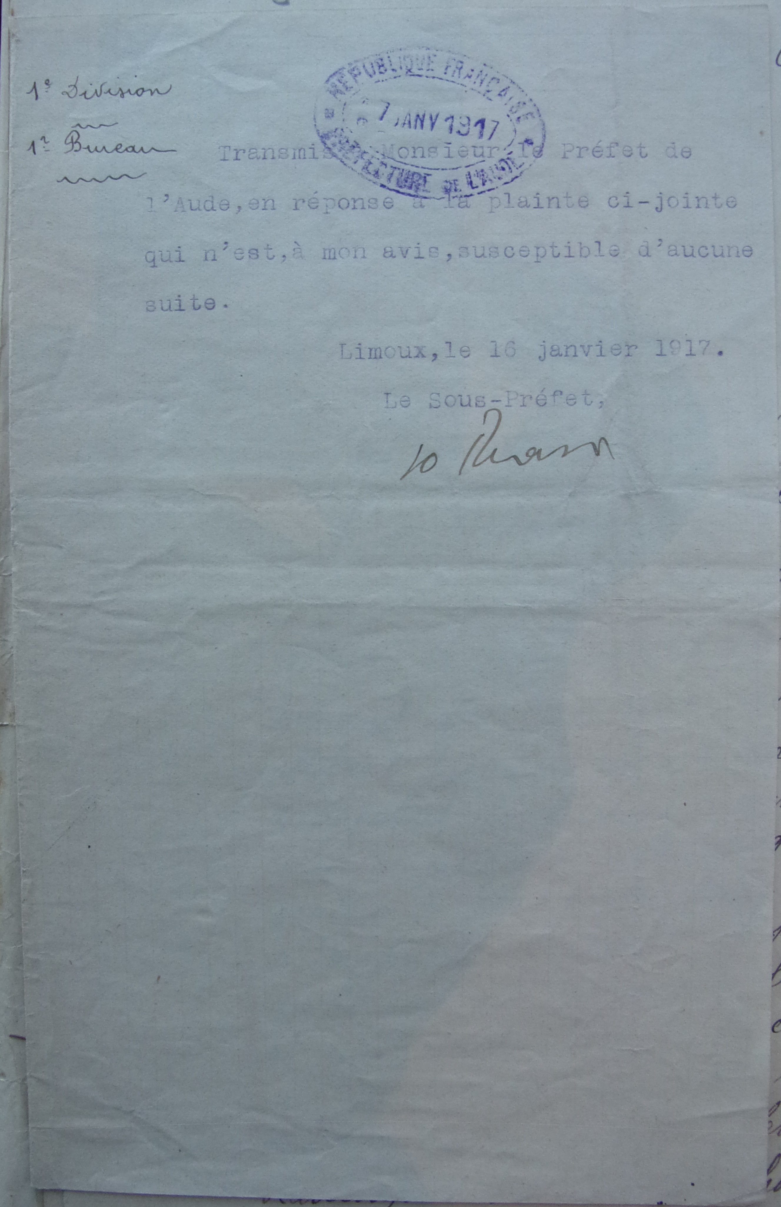 19170116 Transmission de la demande d'un secrétaire par sous-préfet au préfet - vers sans suite
