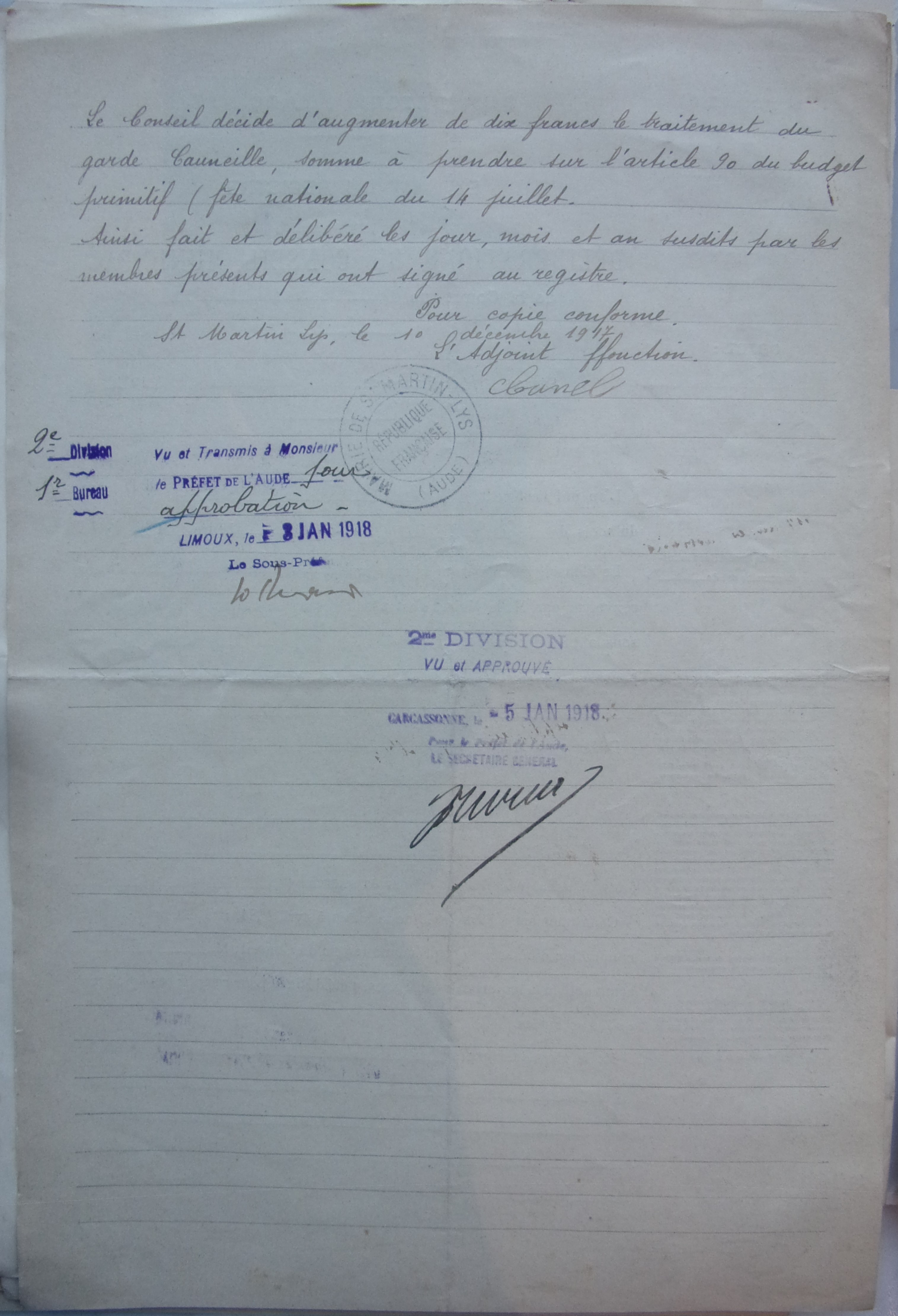 19171209 extrait registre des affaire municipale à propos de  l'augmentation du garde champêtre p2