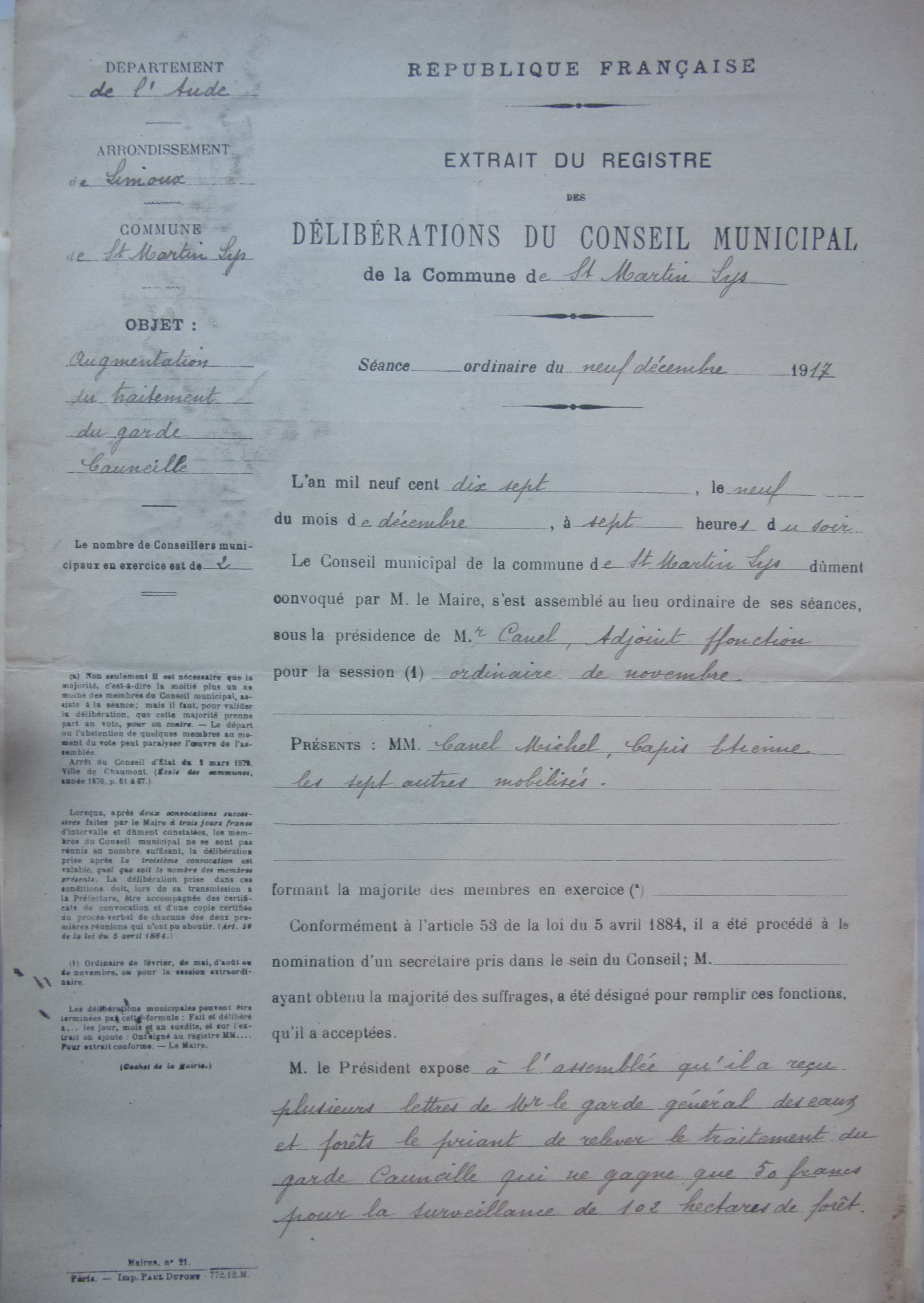 19171209 extrait registre des affaire municipale à propos de  l'augmentation du garde champêtre p1