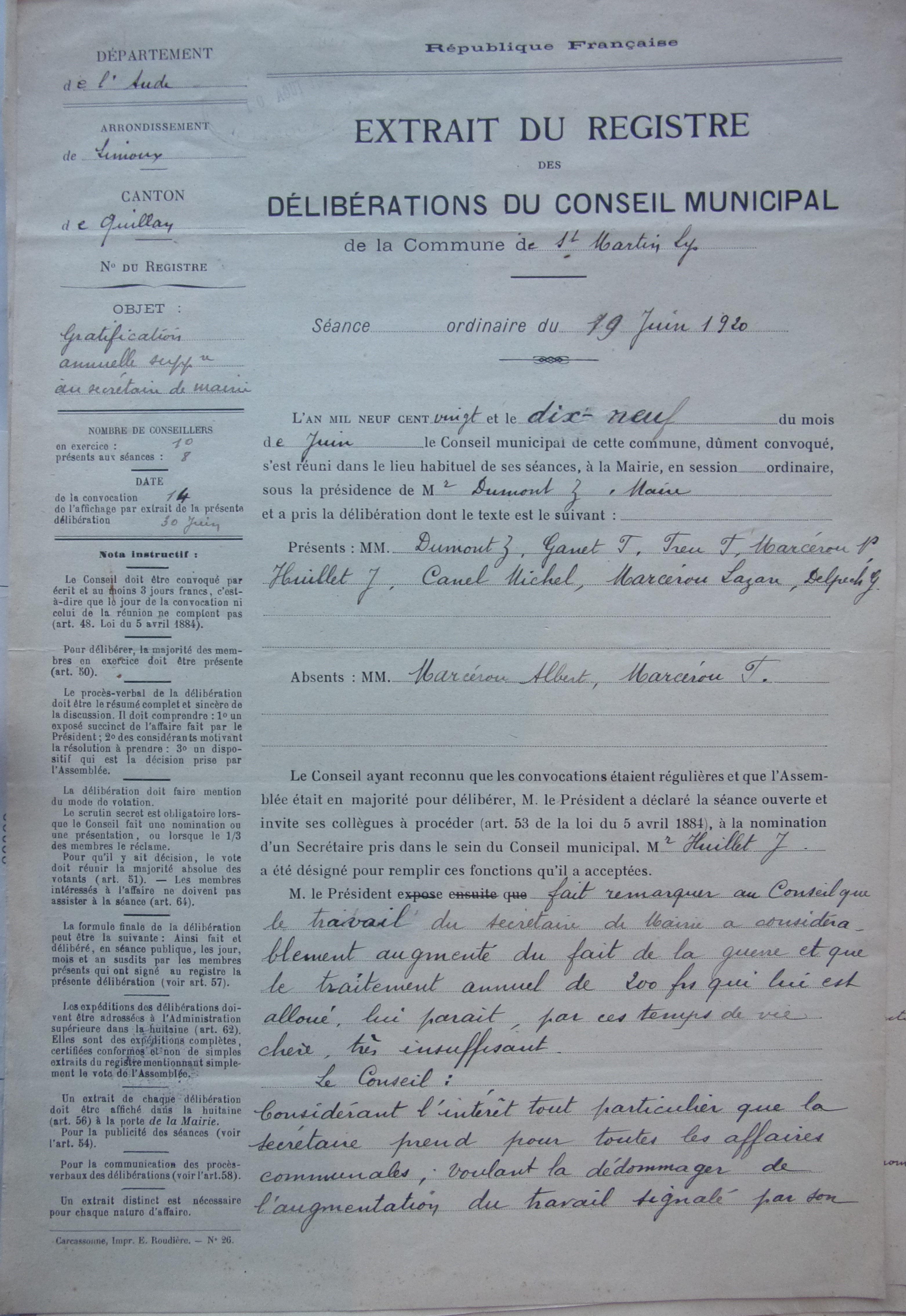 19200619 délibération du conseil municipal - gratification annuelle supplémentaire au secrétaire de mairie -recto